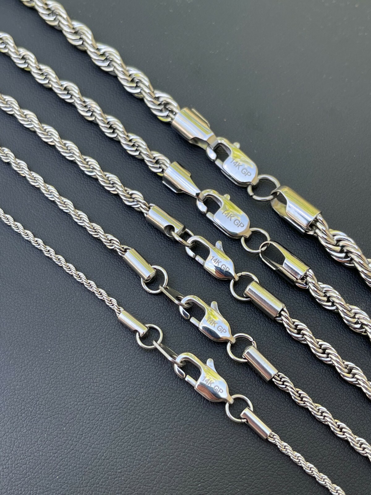 Men’s Real Solid Rope Chain Necklace Stainless Steel – Rhodium – 2mm-6mm 18-30″