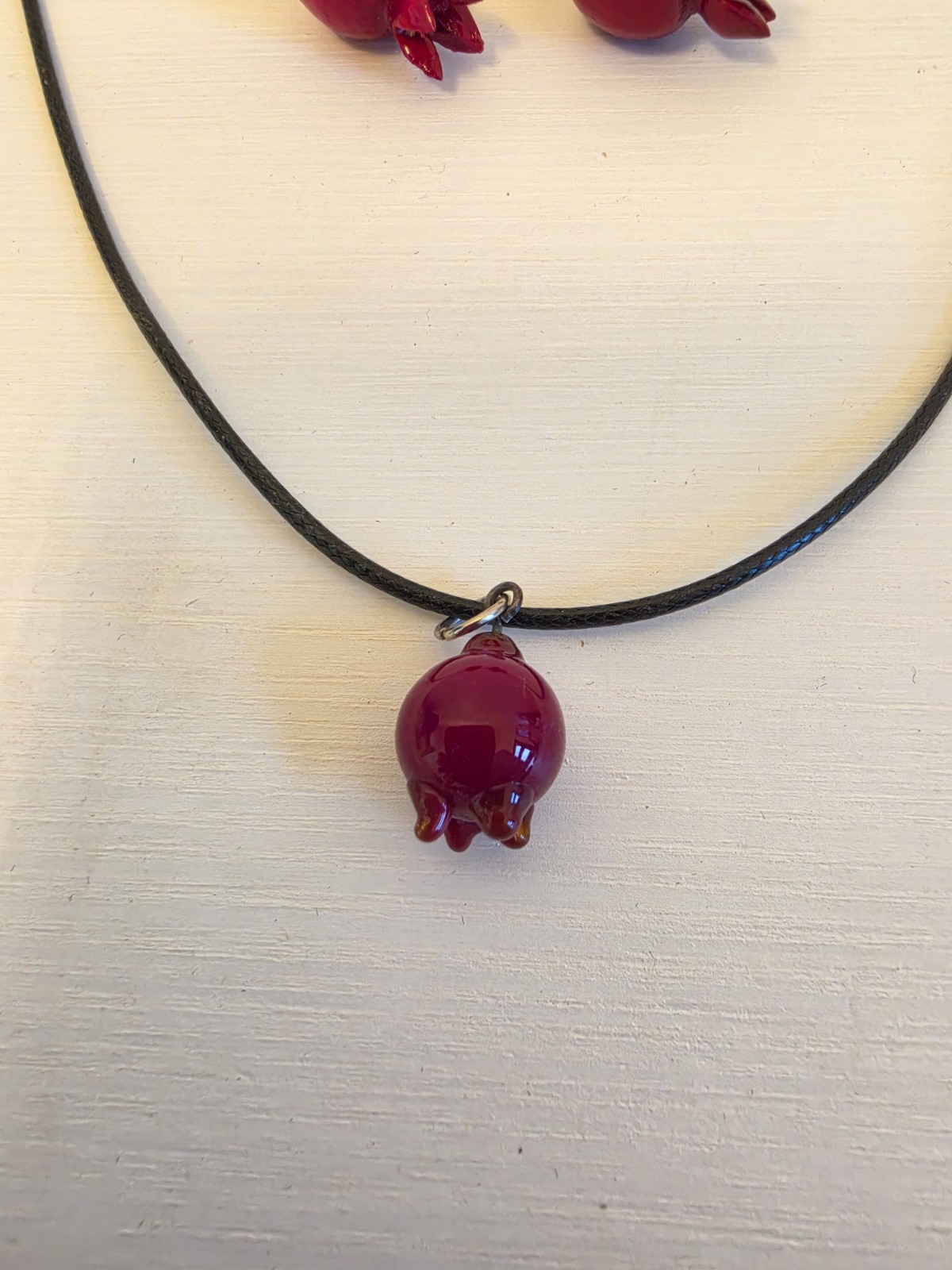 Handcrafted Red and Black pomegranate Necklace Earrings Jewelry Set from Armenia