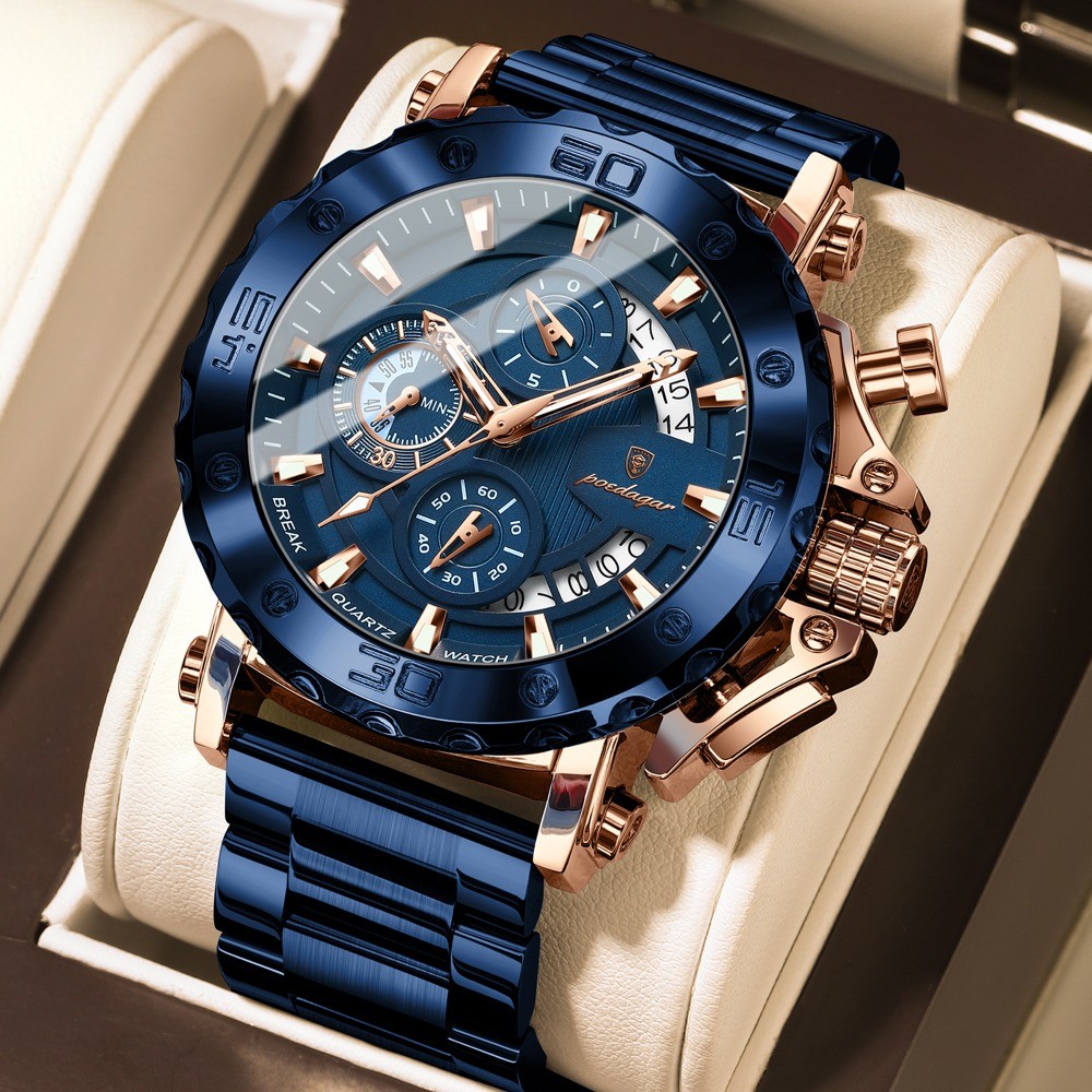 POEDAGAR Luxury Men’s Calendar Luminous Waterproof Stainless Steel Quartz Watch