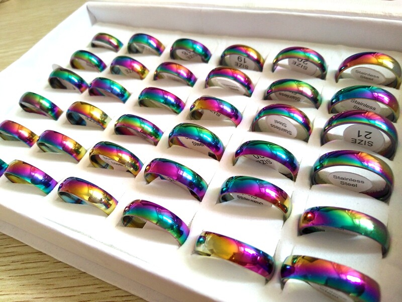 Bulk Lots 100pcs Stainless Stee 6MM Rainbow Band Ring Classic Jewelry Size Mixed