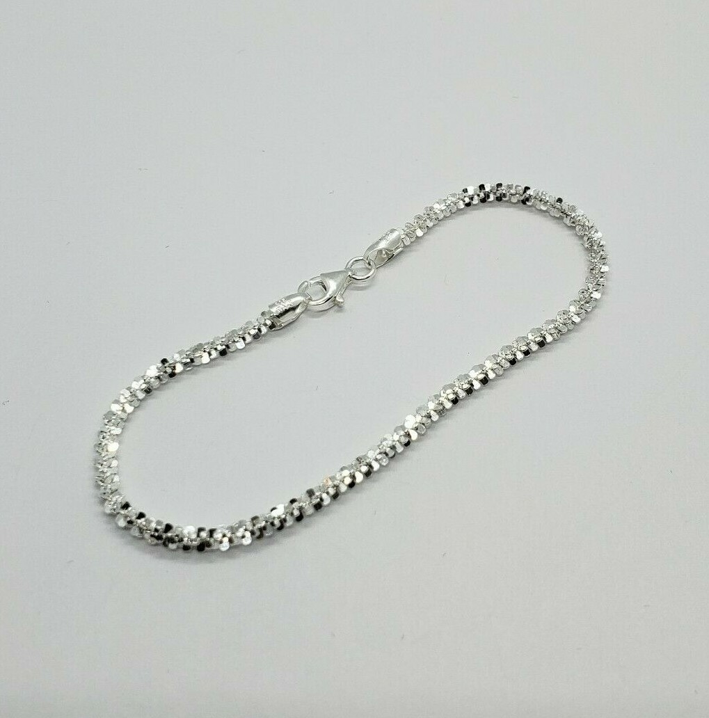 Sterling Silver Sparkle Rock Chain Necklace Bracelet 2mm Diamond 7″-24″