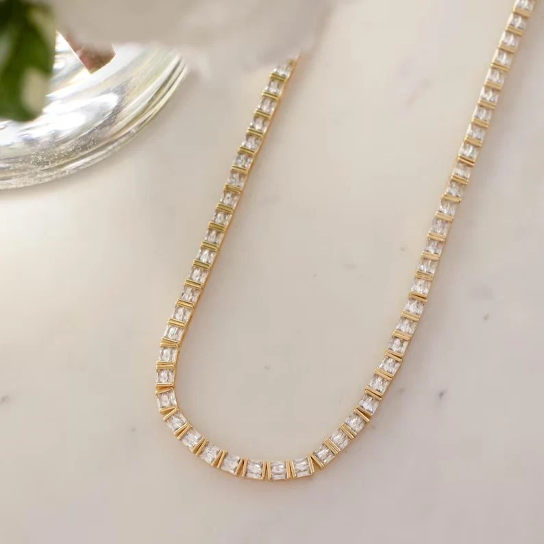 15TCW Baguette Cut Lab Created Diamond Tennis Necklace 14k Yellow Gold Plated