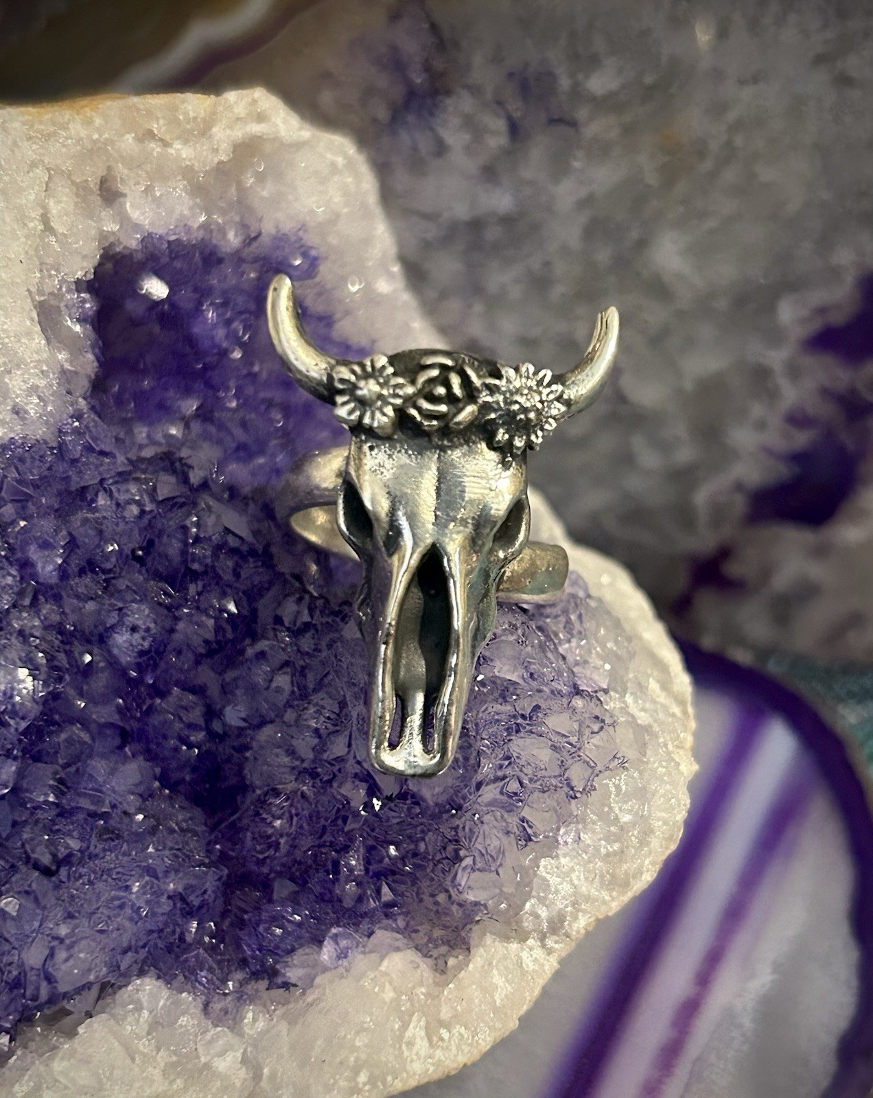 Sterling Silver Modern Taxco Bull Cow Skull w/ Flower Crown Ring Adjustable