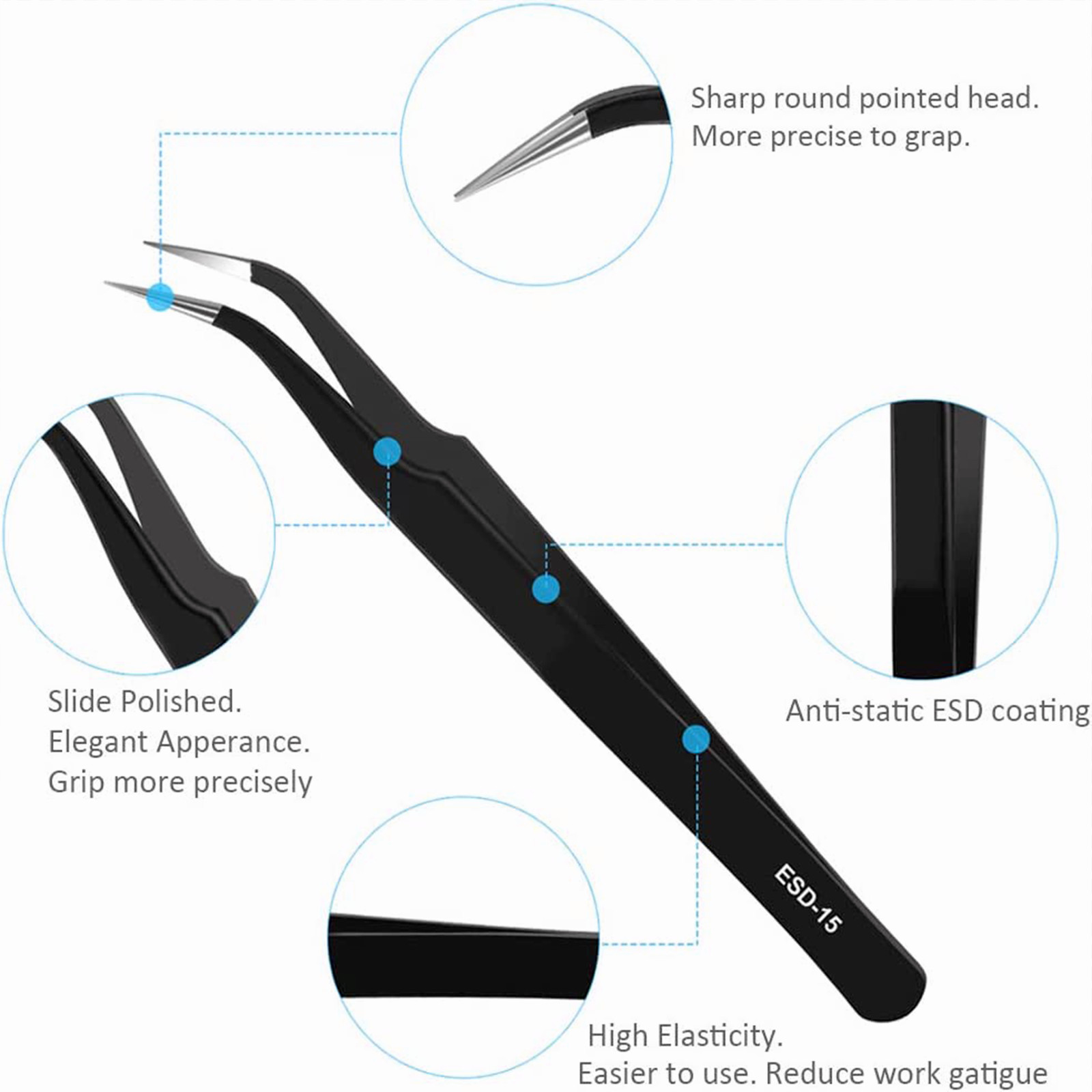 10 x ESD Precision Anti static Tweezers Set Stainless Steel Tool for Electronics