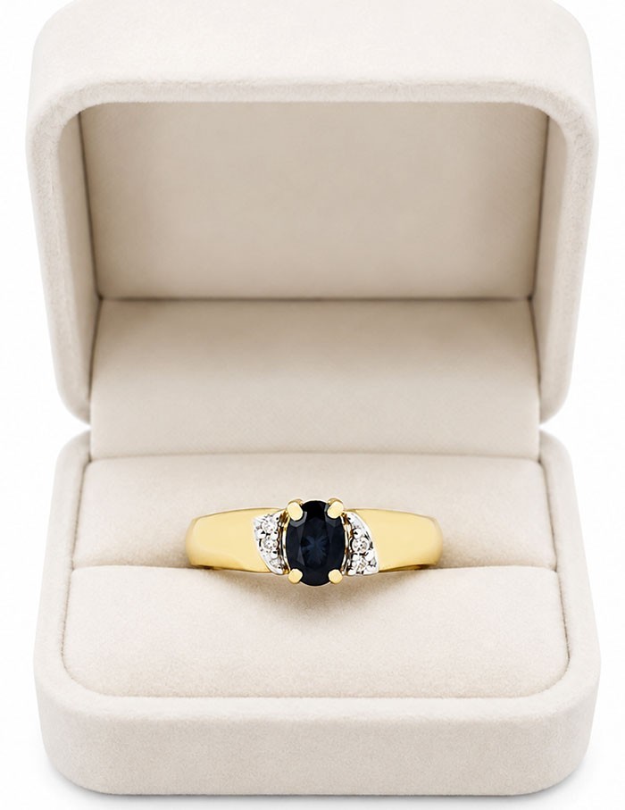 GENUINE 0.52 Cts BLUE SAPPHIRE & DIAMOND RING 14K YELLOW GOLD – New With Tag