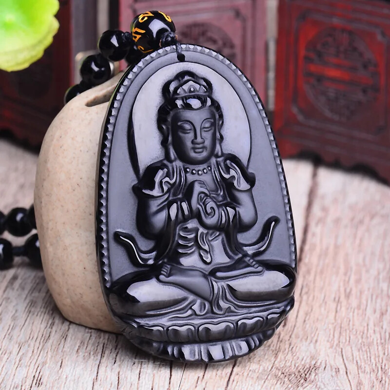1PC Pendant Necklace Black Obsidian Carved Buddha Statue Luck Talisman Gift
