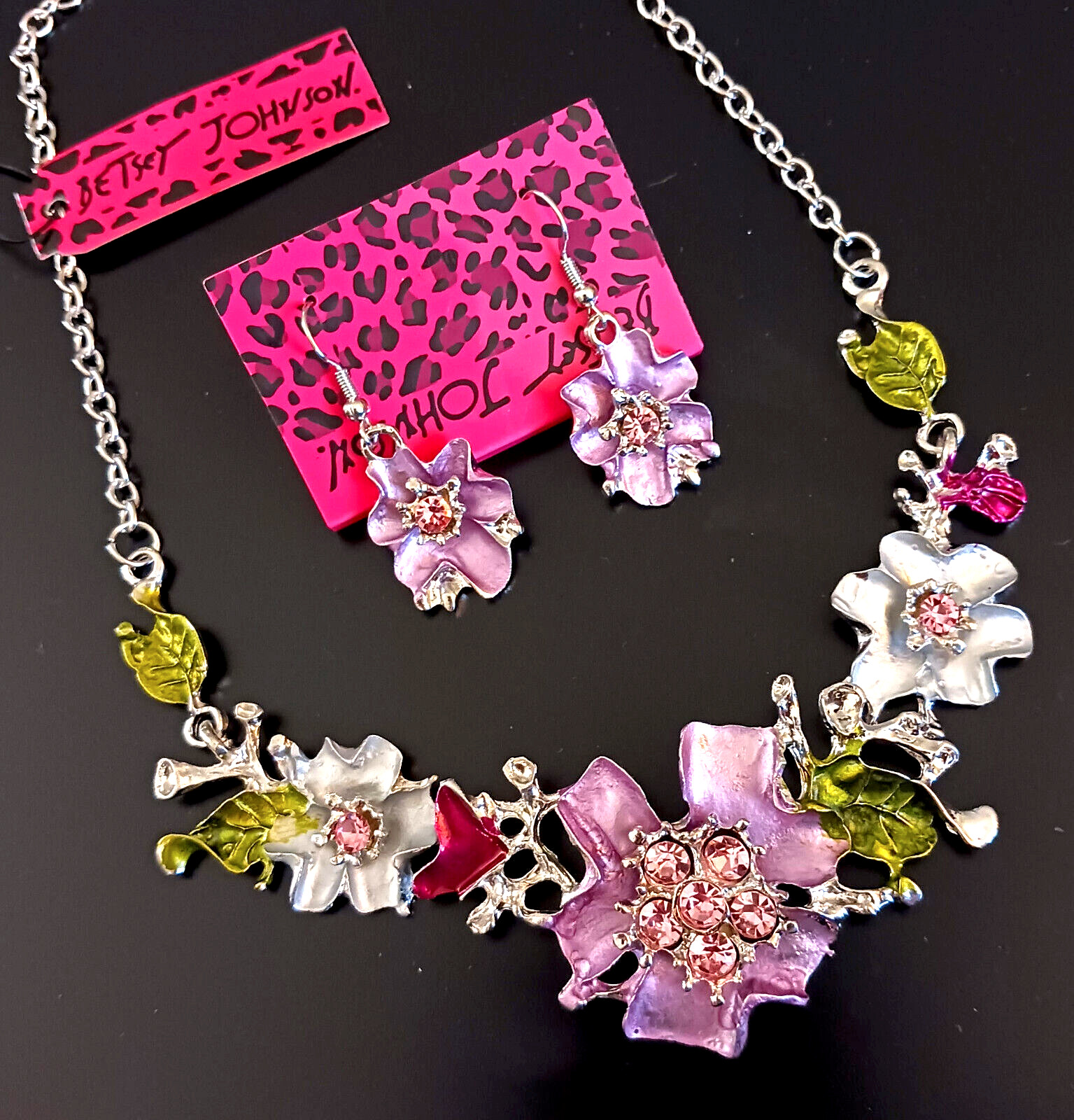 Bouquet Pink FLOWER GARDEN Floral Rhinestone Betsey Johnson Necklace Earring Set