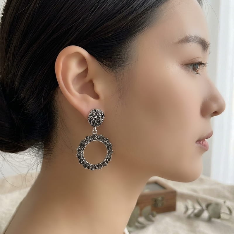 Vintage French Textured Hoop Earrings Antique Silver Statement DropEarrings 316L