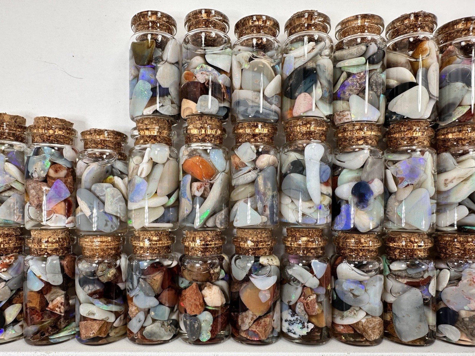 40 ct Premium Australian Coober Pedy Rough/Rubs Opals in Glass Bottles