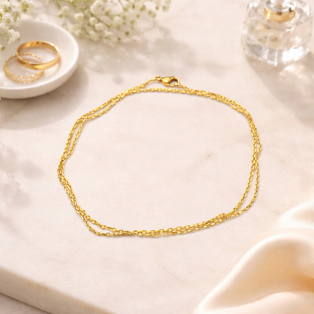 18k Gold Plated Surgical Stainless Steel Diamond-Cut Oval Rolo Chain Necklace