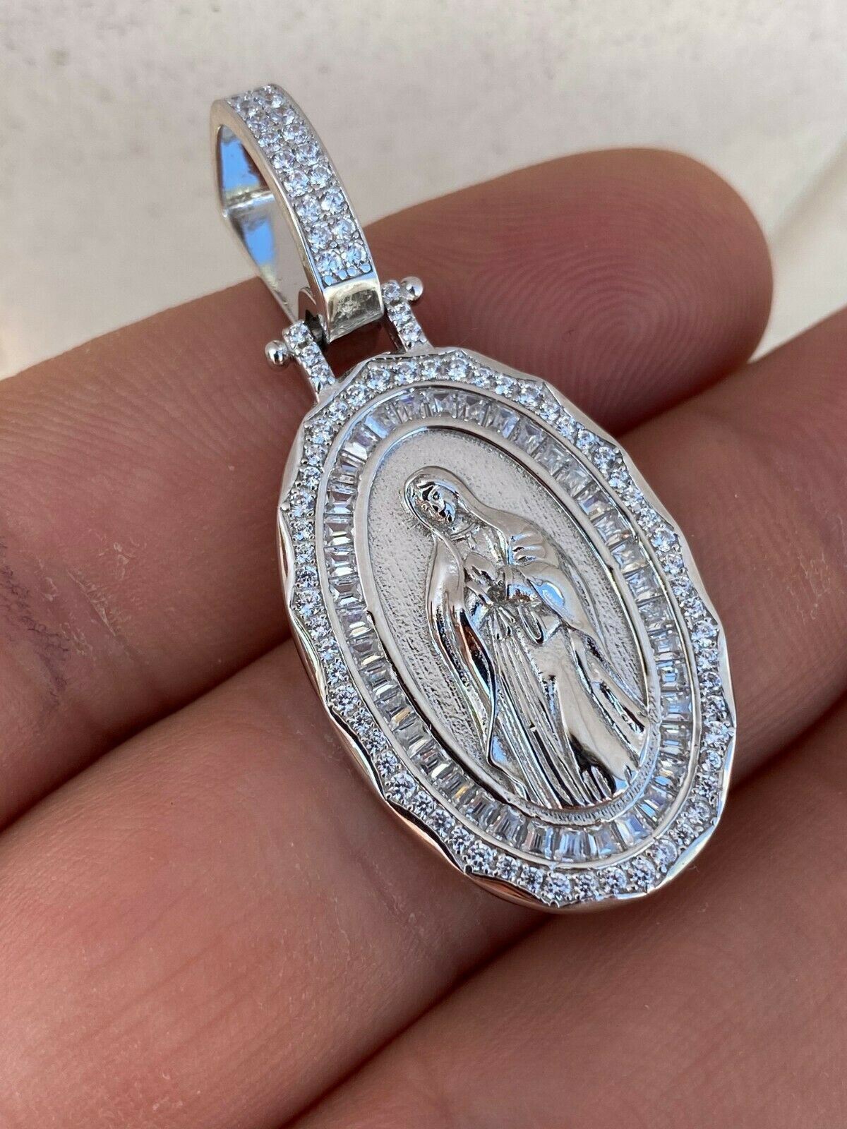 925 Sterling Silver Virgin Mary Necklace Pendant CZ Medallion Icy Chain Baguette