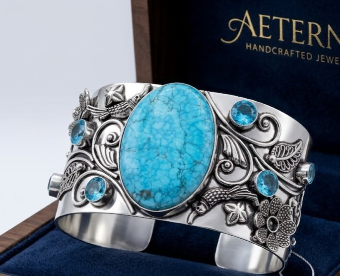 Natural Turquoise Topaz Cuff Bracelet 925 Sterling Silver Handmade ADJ Jewelry