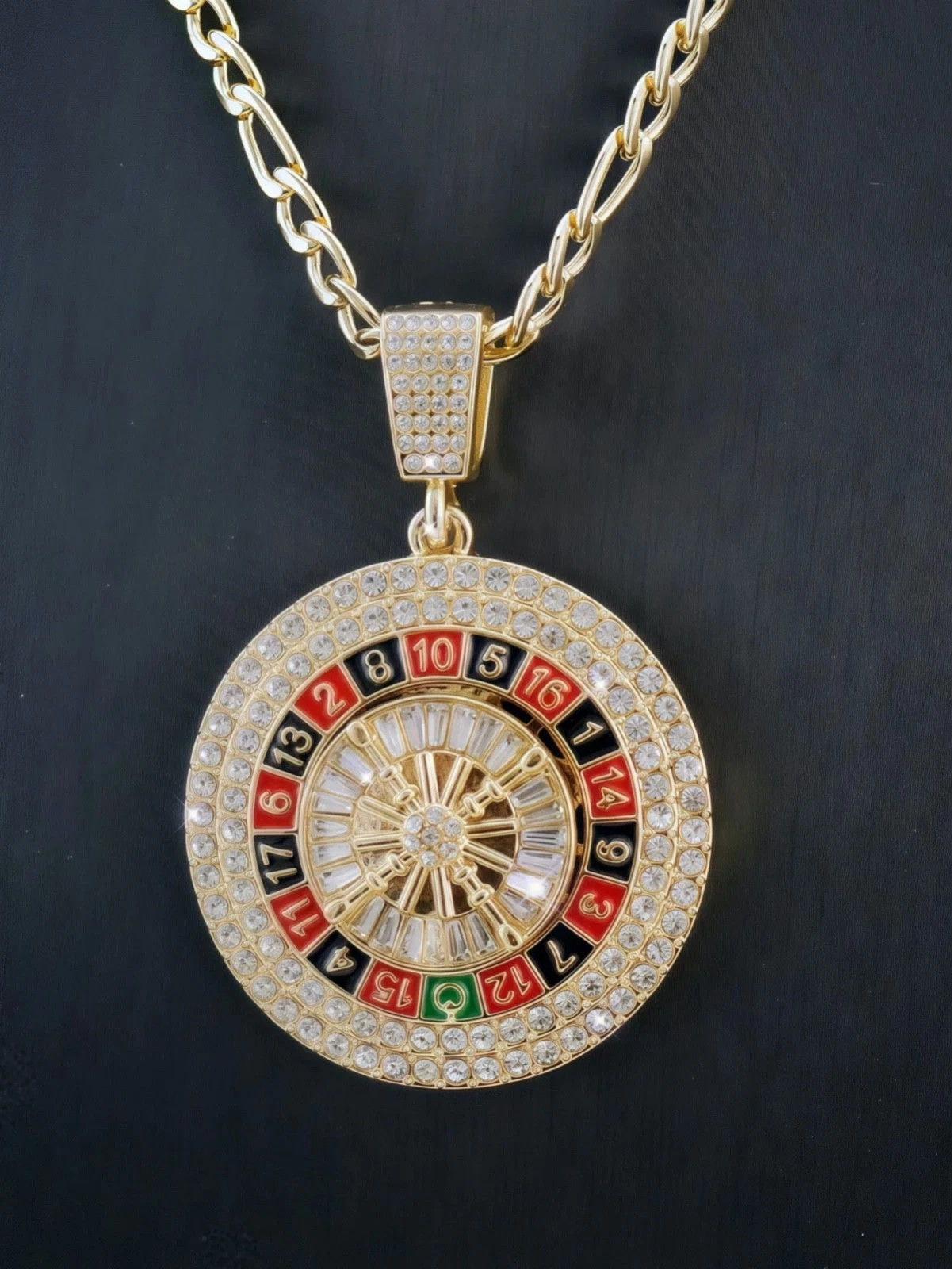 Gold Roulette Spinning Center /Casino Poker Cards Pendant Necklace Cuban Chain