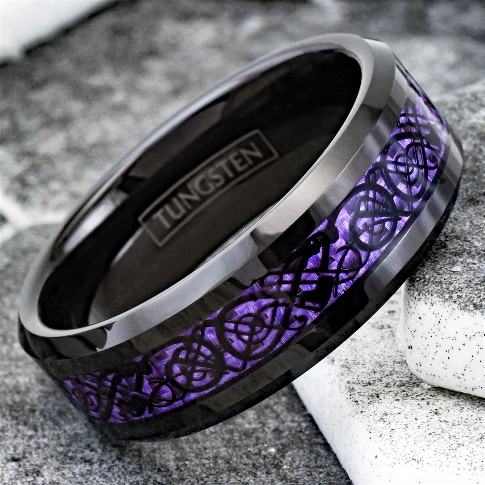 8mm Black Tungsten Carbide Purple Carbon Fiber Celtic Dragon Wedding Band Ring