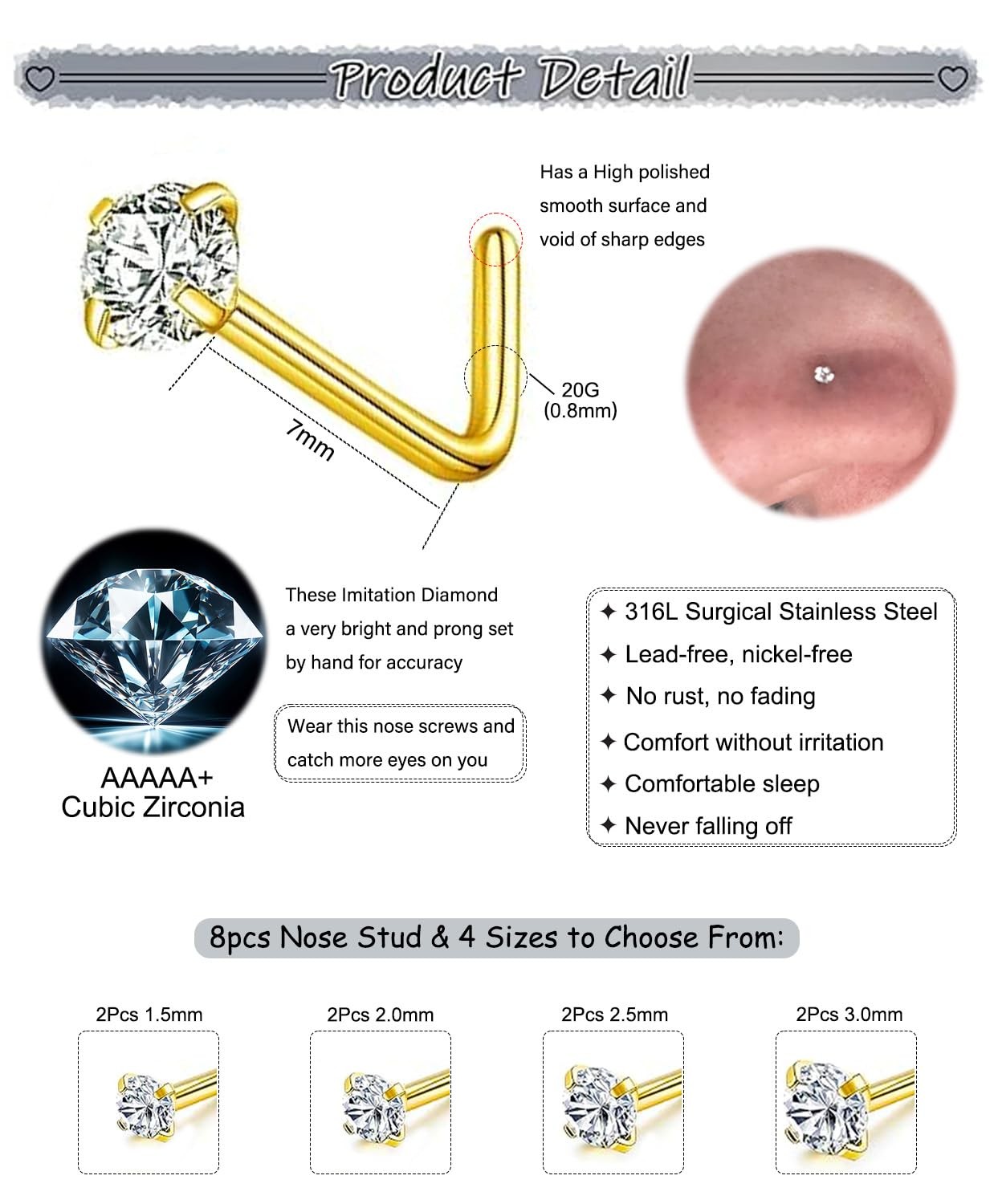 Accirrch Gold Nose Rings Studs Set for Women 20G/0.8mm, 20G L-Shaped