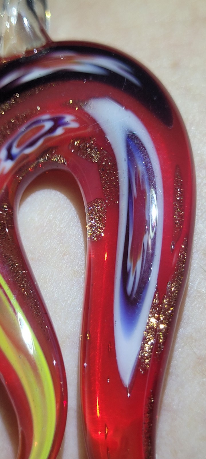 Hand Blown Glass Teardrop Pendant Red Swirl w/ Gold Glitter Accents