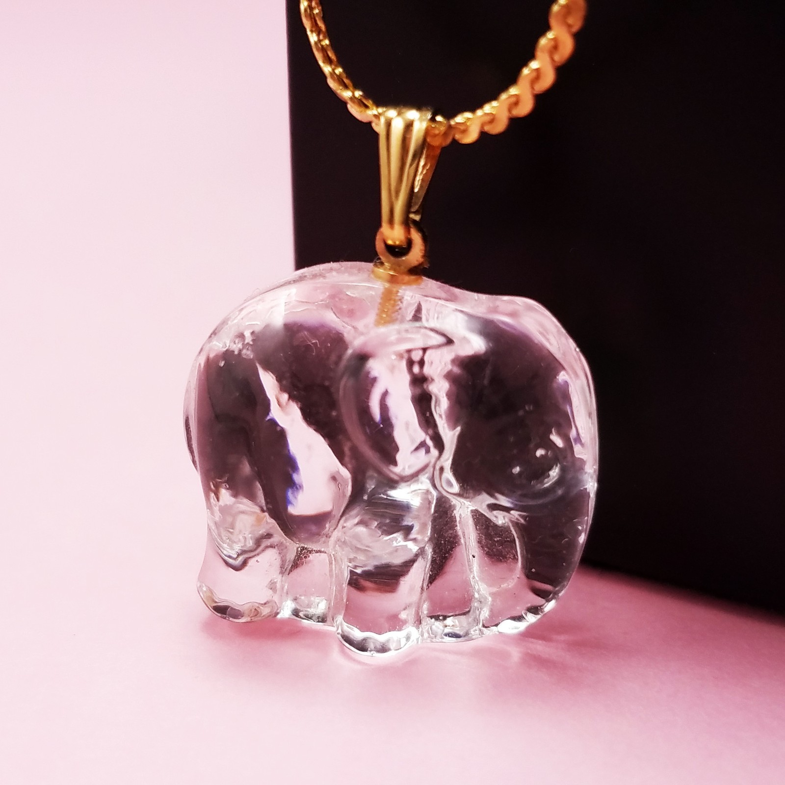 Vintage Crystal Elephant Charm Necklace Gold Plated Herringbone Chain Jewelry