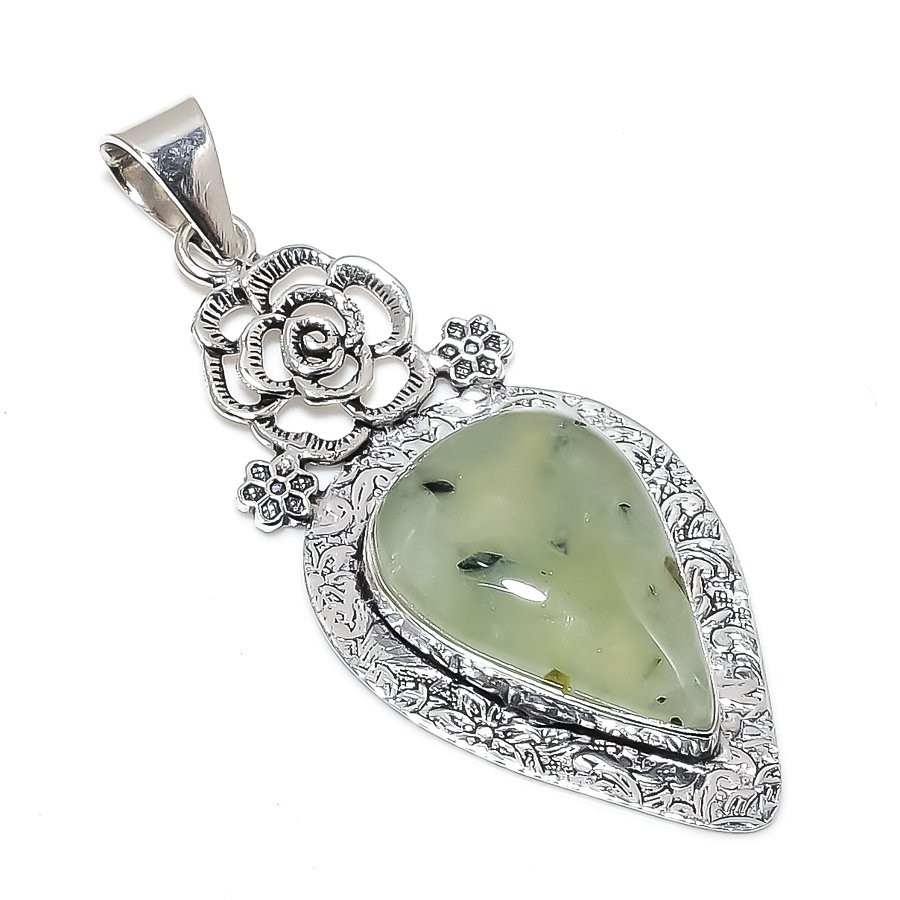 Prehnite Gemstone Handmade 925 Sterling Silver Jewelry Pendant 2.96″ n731