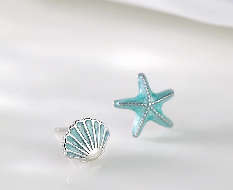🌼 Starfish Seashell Teal Earrings 925 Sterling Silver New Jewelry