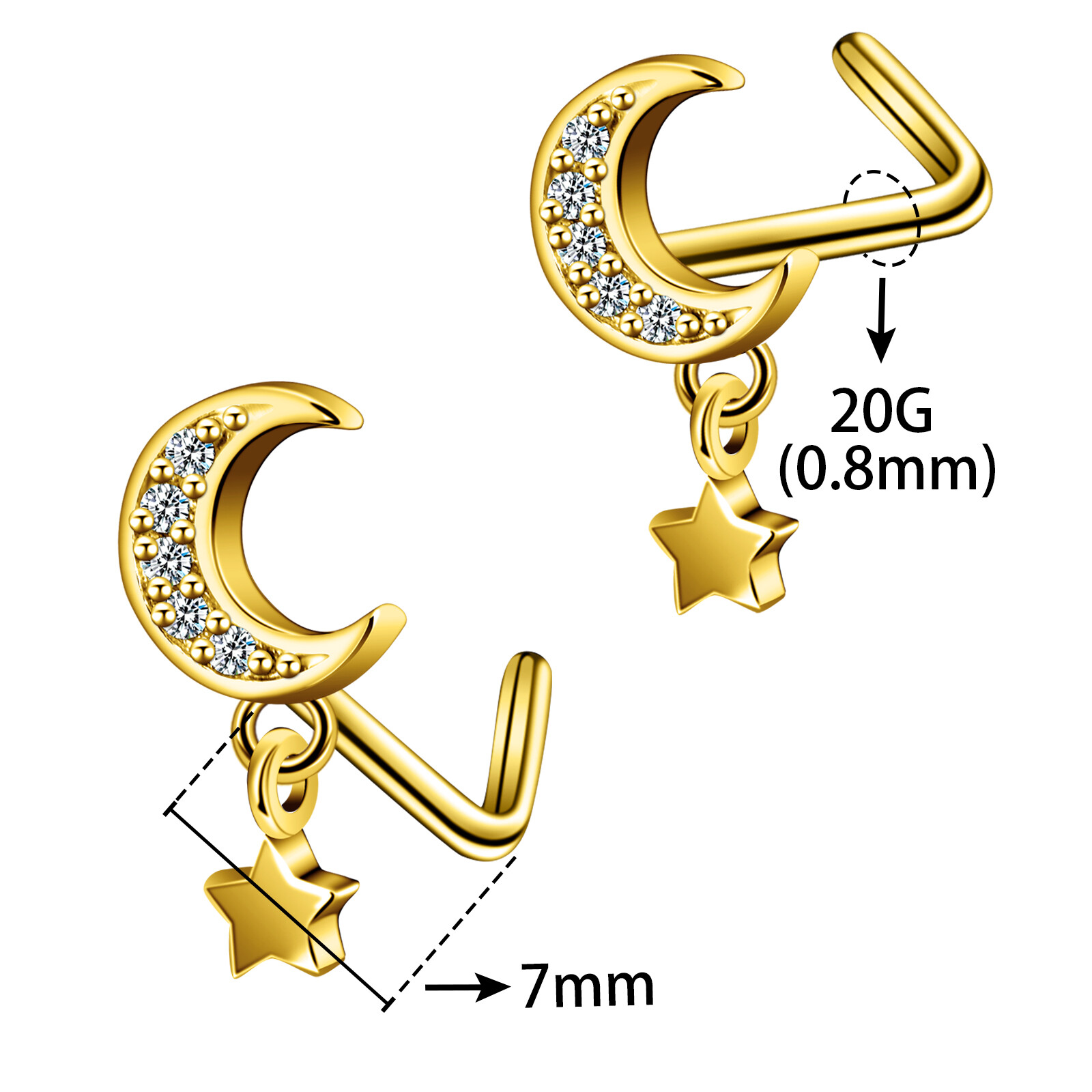 9 Pcs 20G CZ Opal Nose Rings Studs L Shape Stainless Steel Body Piercing Gold