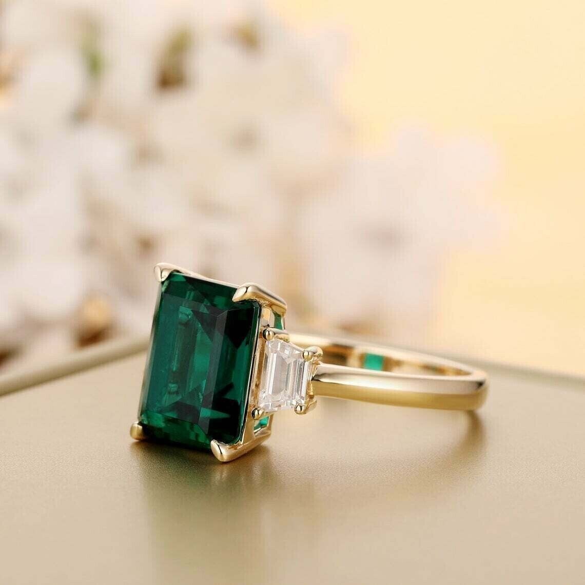 4Ct Emerald Cut Lab Created Green Emerald Engagement Ring 14K Yellow Gold Finish