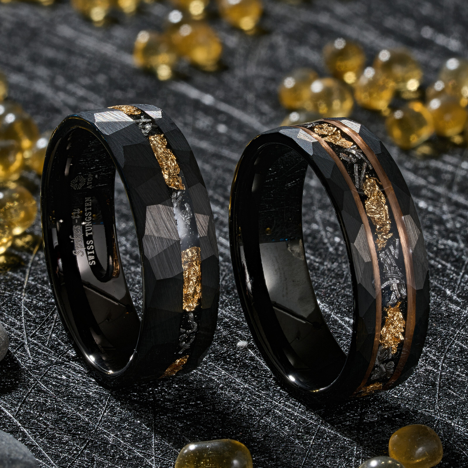ATOP 8mm Meteorite Black Sliver Gold Tungsten Ring Line Men Wedding Band