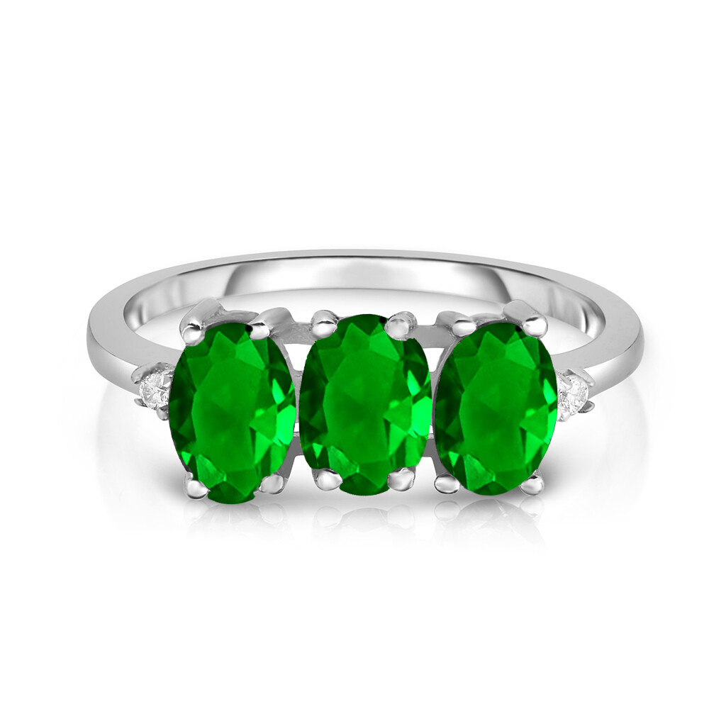 925 Sterling Silver 3.00 CTTW Created Emerald Oval Cut Tri Stone Ring Sizes 6-9