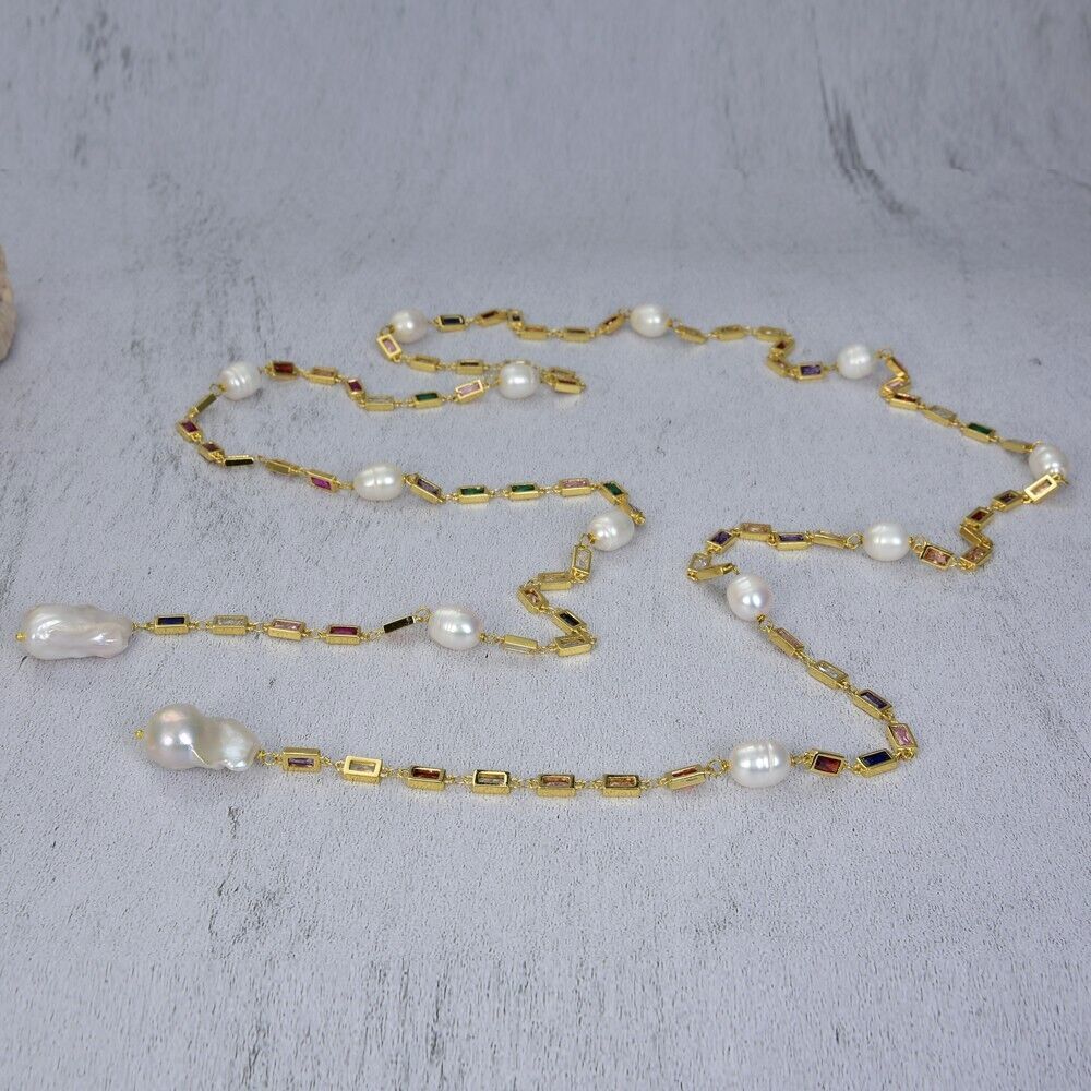 Cultured White Keshi Pearl Mixed Color Cz Pave Long Gold Plated Chain Necklace