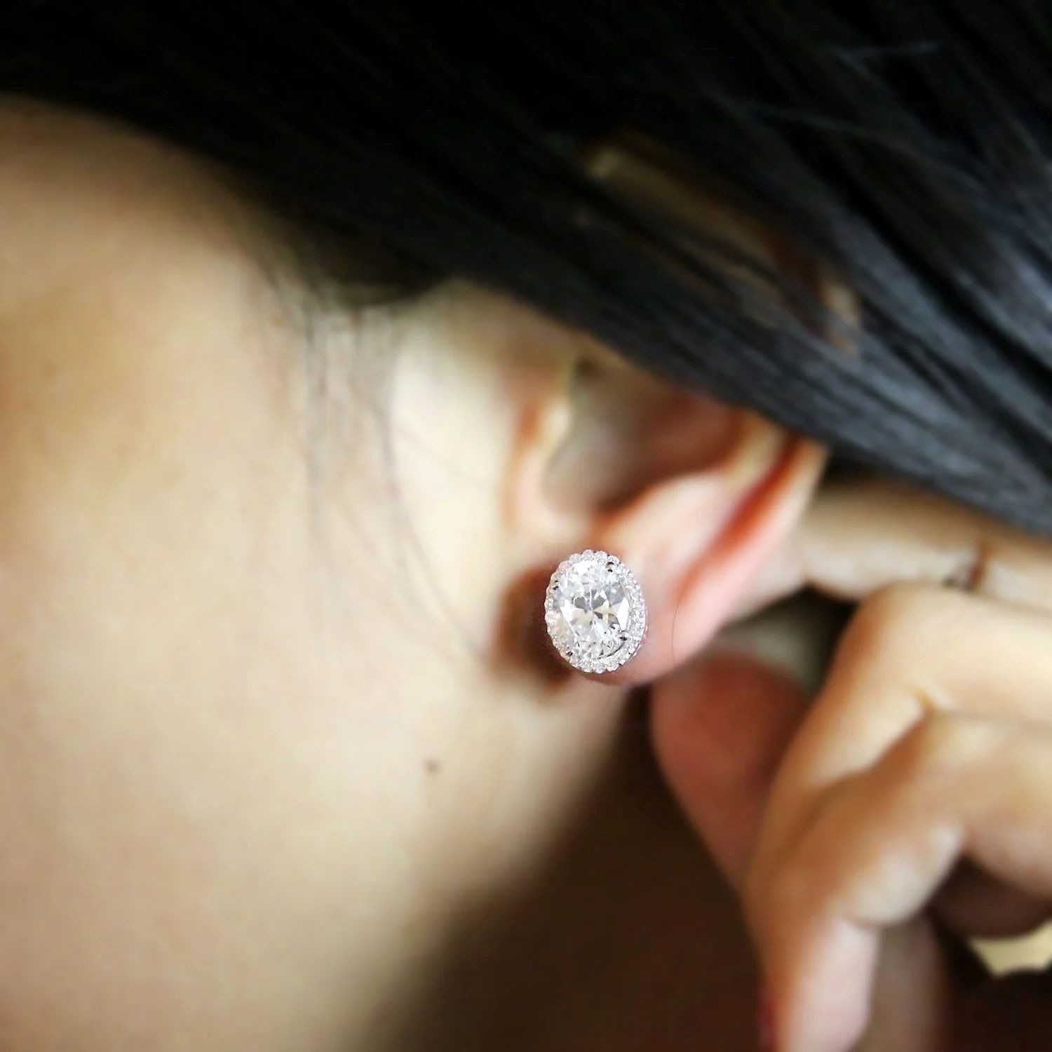 18k White Gold Plated Oval Cut Halo Stud Earrings Made With Swarovski Elements