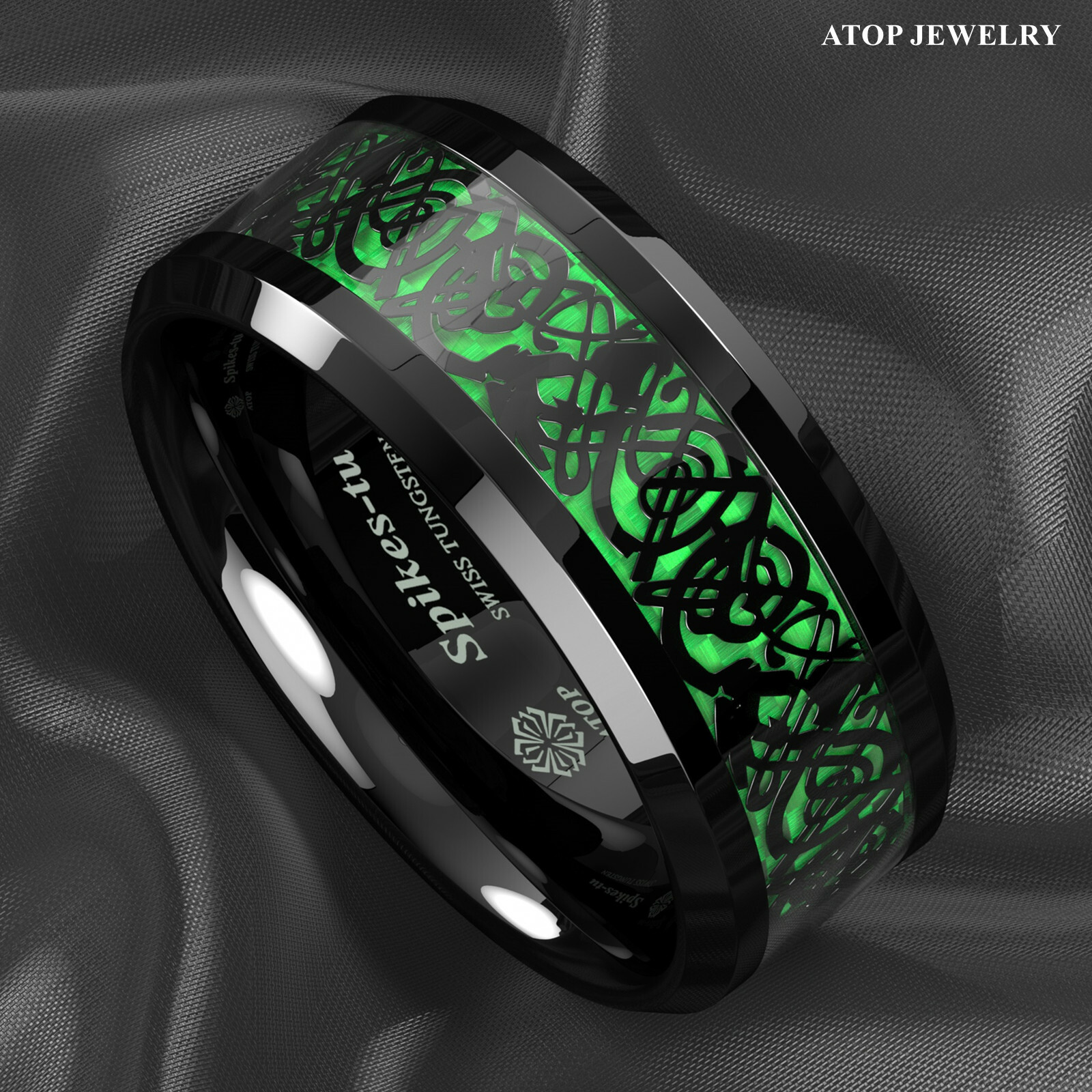 ATOP 8/6mm Men Black Green Tungsten Ring Wedding Band Celtic Dragon Carbon fiber