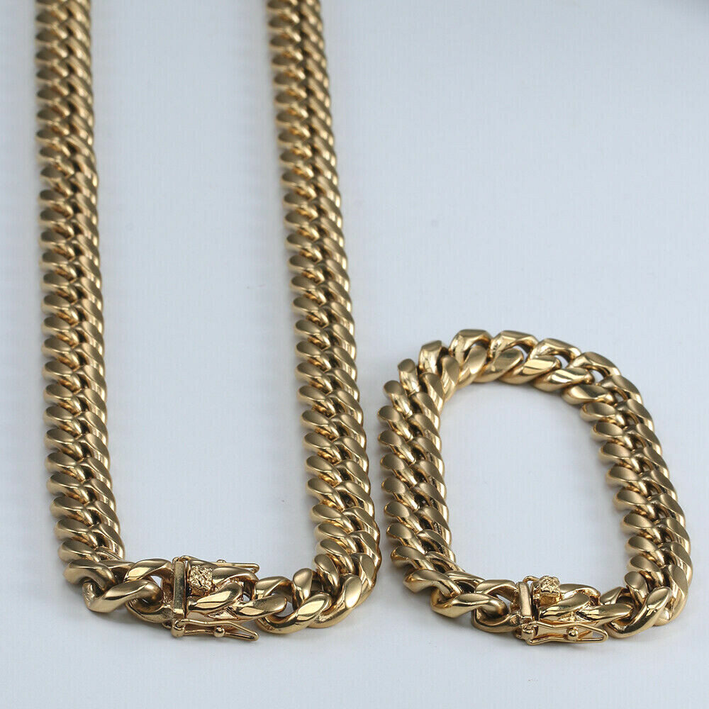 Real 14K/18K Gold Plated PVD Solid Miami Cuban Link Chain Bracelet Set 4mm-14mm