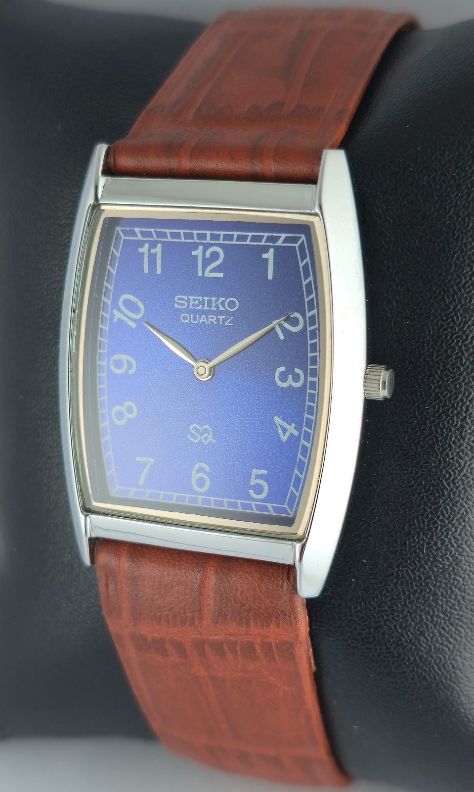 Beautiful Seiko Slim Rectangle Blue Dial Quartz Men’s Wristwatch Leather Band