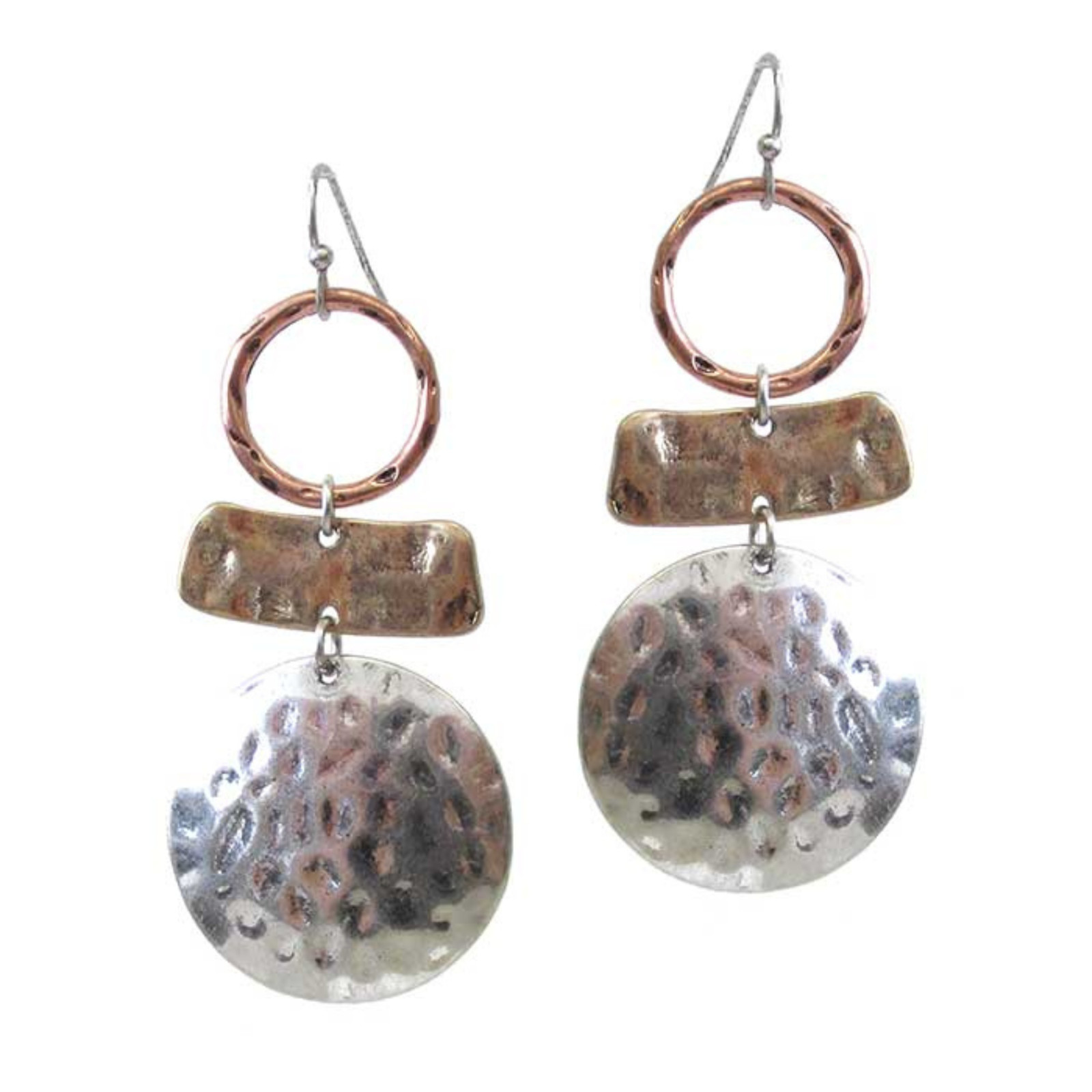 Hammered Round Disc and Bar Dangle Earrings Silver Gold Copper
