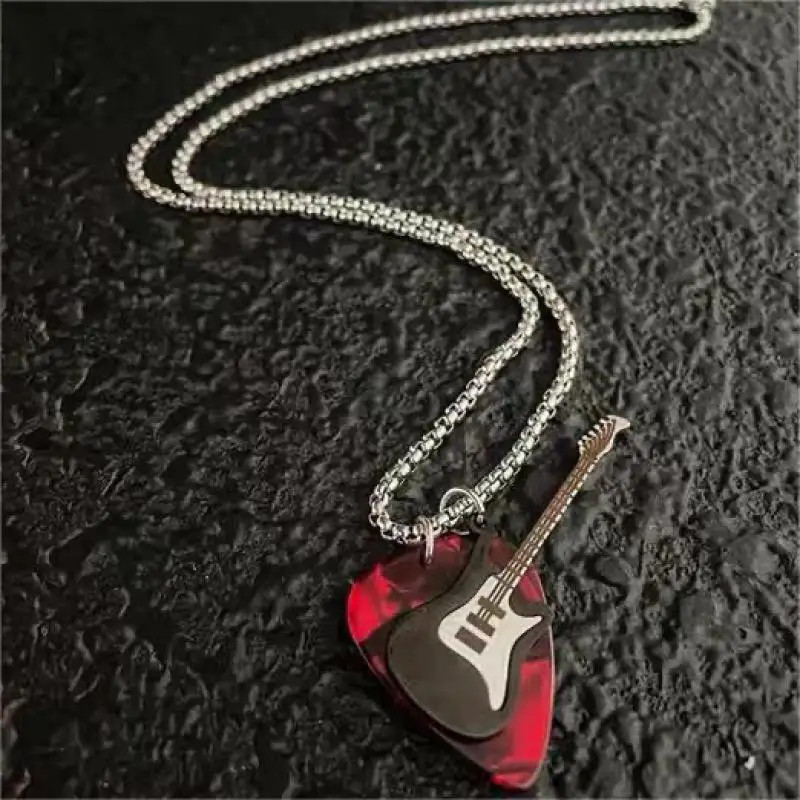 Hip-hop Guitar Pendant Necklace Titanium Steel Punk Guitar Chain Choker Trendy V