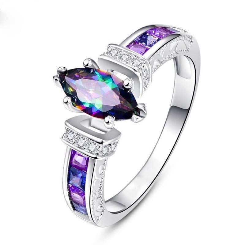Fashion Women Rainbow Oval CZ Multicolor Band Ring Size 6 – 10