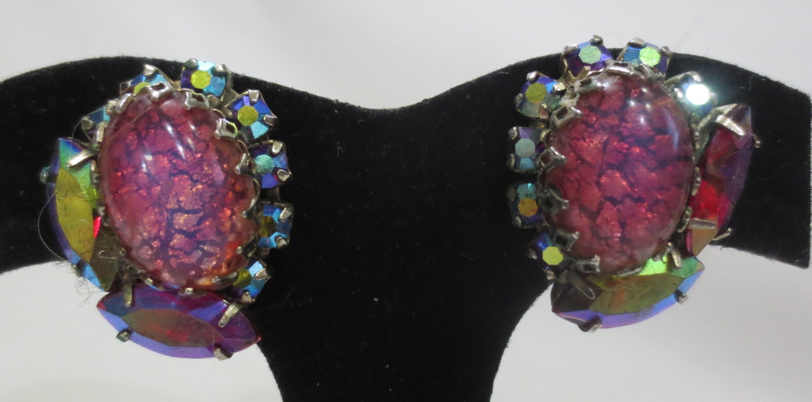 Vtg Foil Backed Pink Glass & AB Rhinestones Prong Set Clip Earrings