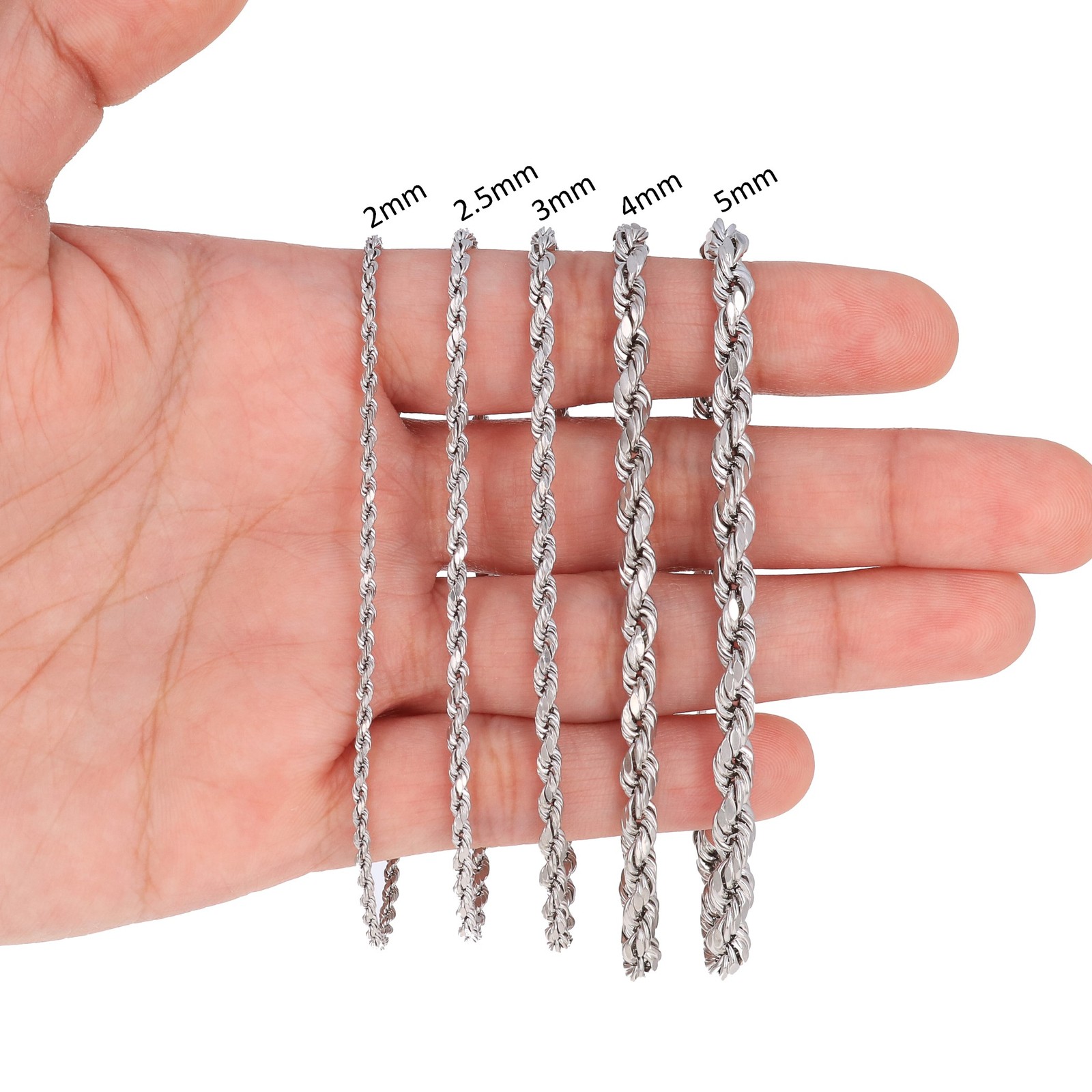 10K White Gold 1.5mm-7mm Diamond Cut Rope Chain Necklace Mens Womens 16″-30″