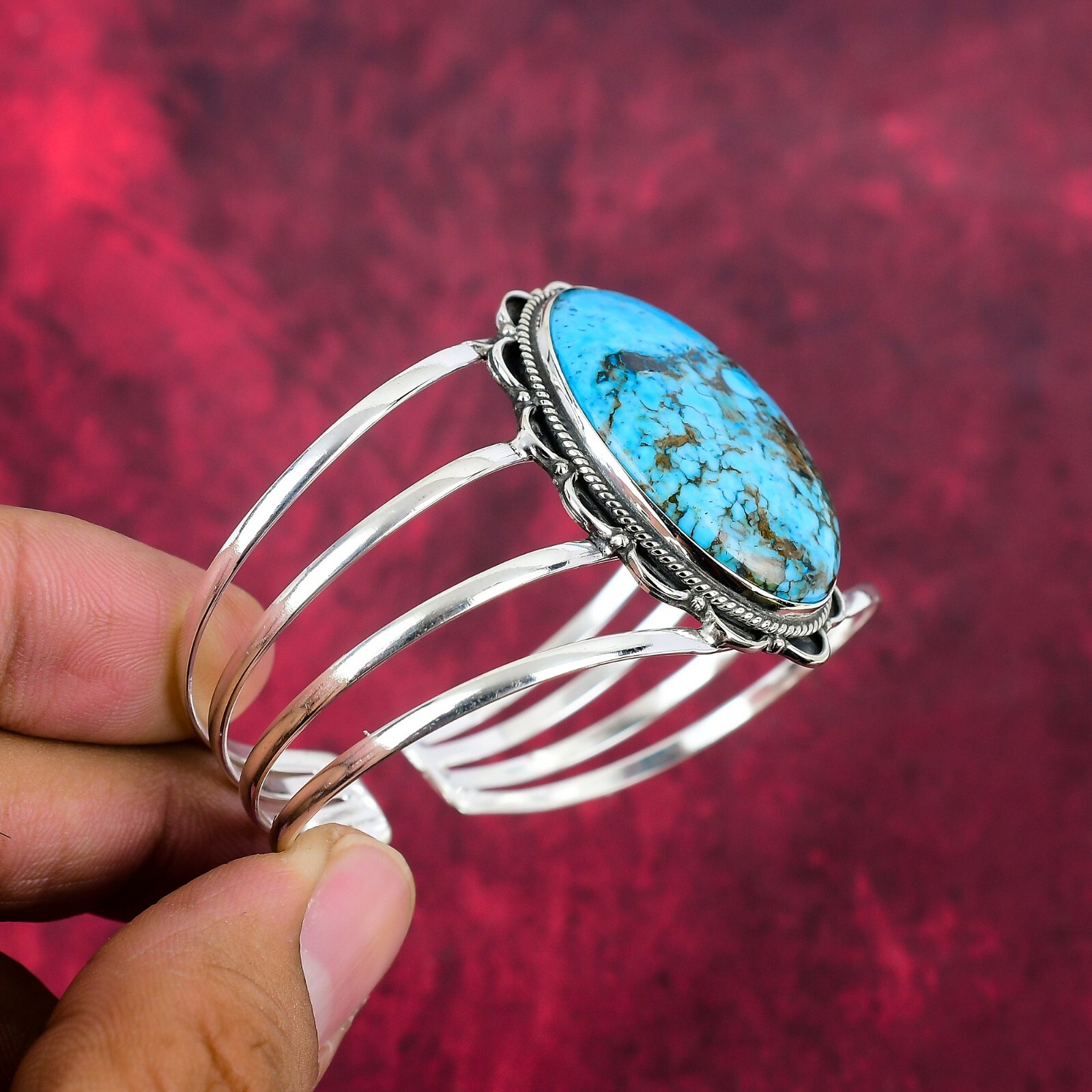 Blue Turquoise Gemstone Handmade 925 Sterling Silver Adjustable Bangle Jewelry