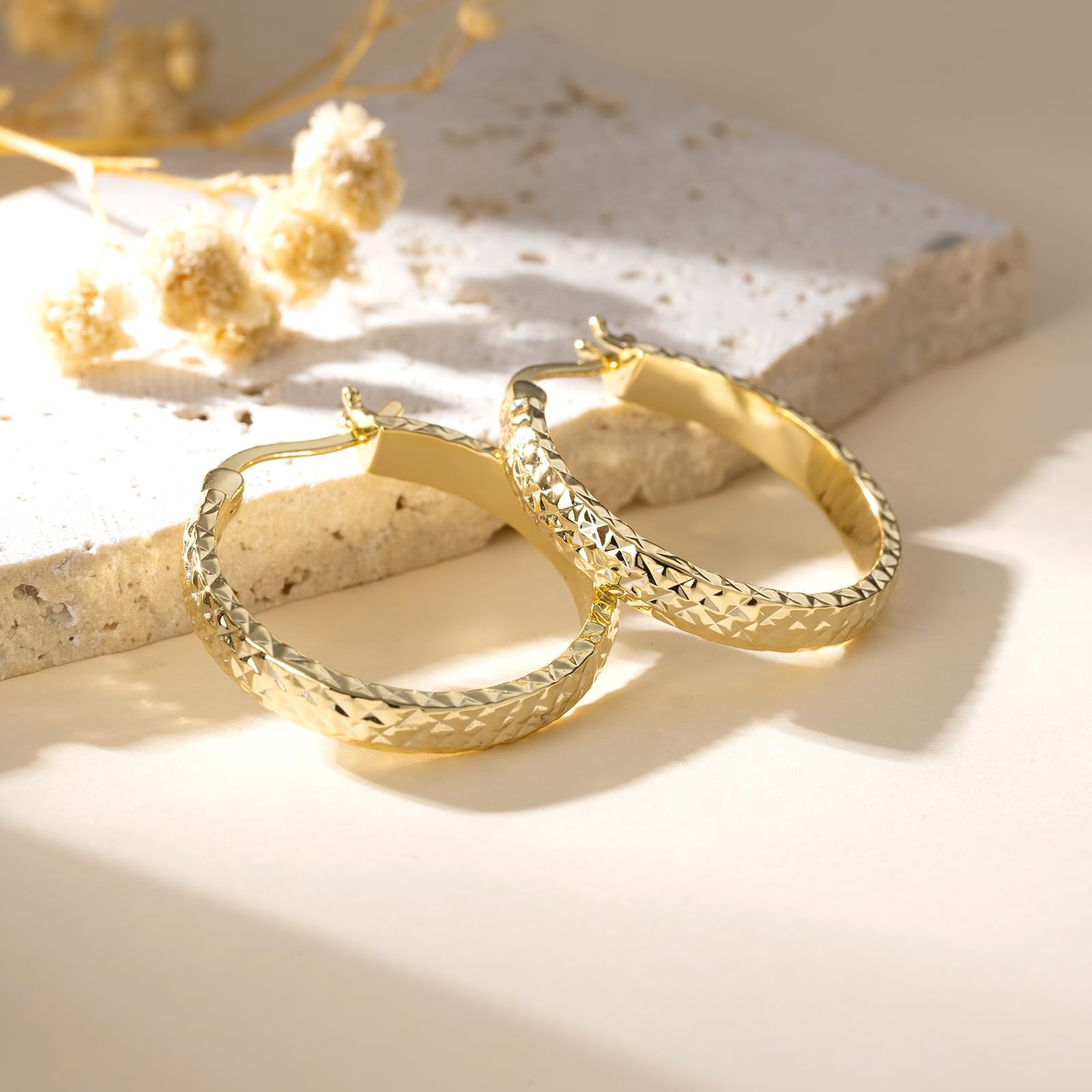 14K Yellow Gold Hoop Earrings for Women 4.4mm*25mm Trendy Diamond Cut Texture…