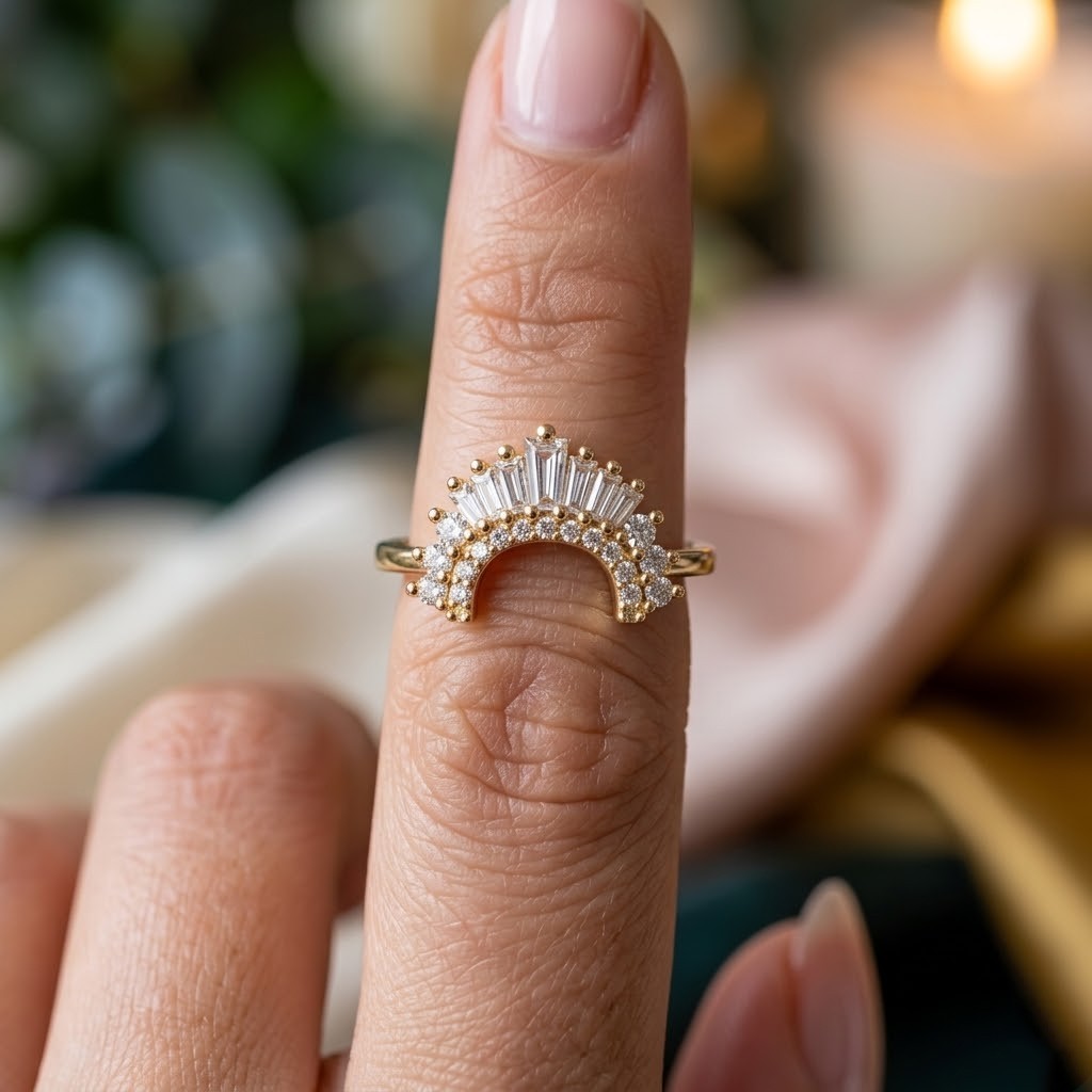 Tapered Baguette Moissanite Curved Band, Art Deco Stacking Ring, Promise Ring