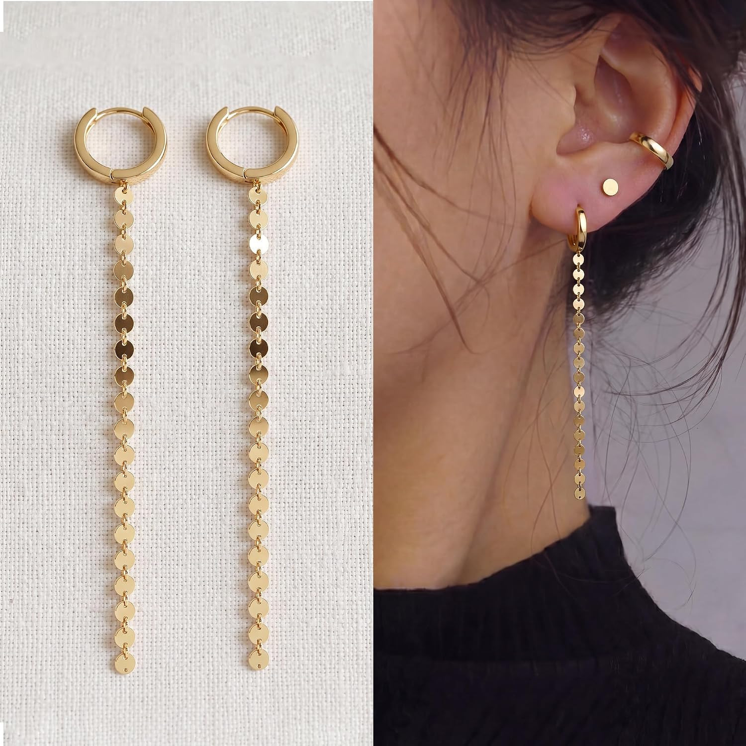 Gold Long Earrings for Women | 14K Gold Plated Brass, Long Chain Earrings, Dangl