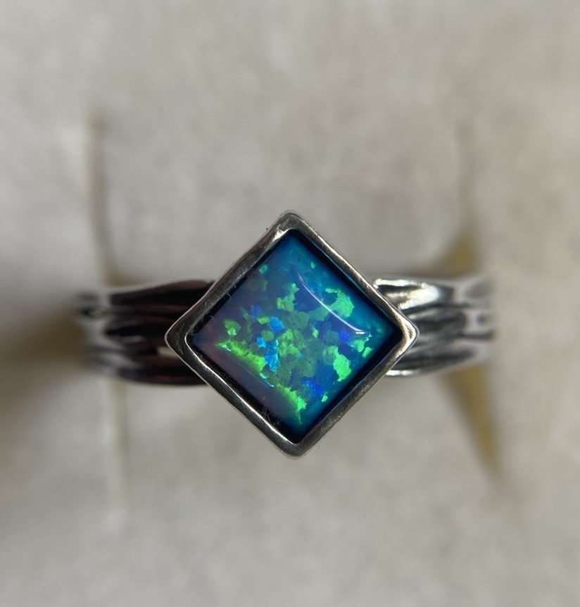 Sterling Silver, Square Bezel Set Lab Opal, Ring By PZ Creations