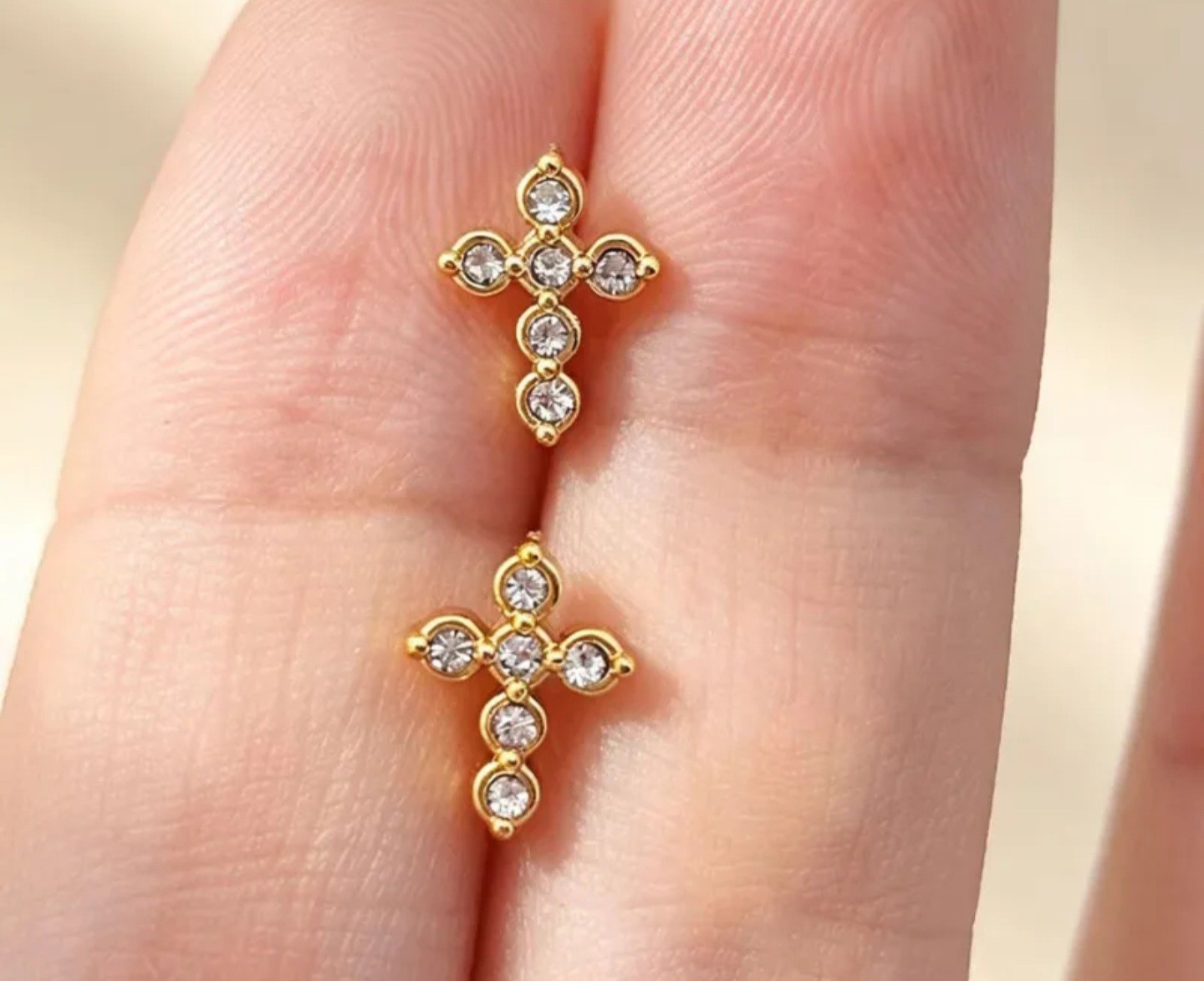 Gold Tone Cross Stud Earrings Simulated Diamond White Round Butterfly 0.9cm