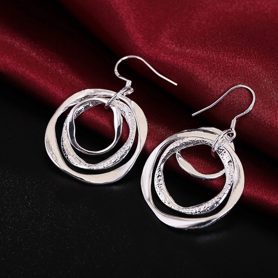 Womens 925 Sterling Silver 3 Circle Round Dangle Drop Hoop Hook Earrings E42