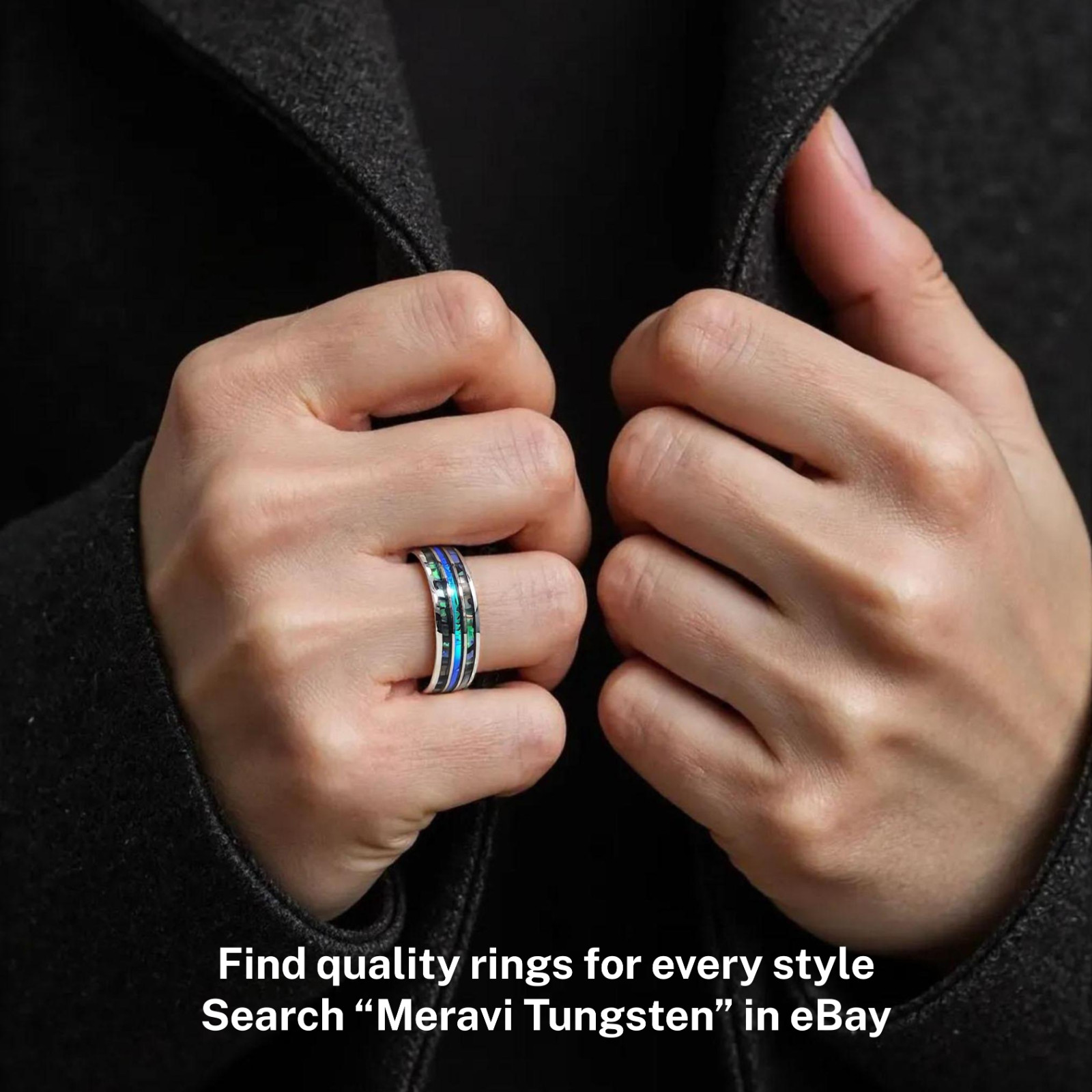 🔥NEW! Silver Tungsten Abalone Blue Inlay Engagement Wedding Band Mens Ring 8mm