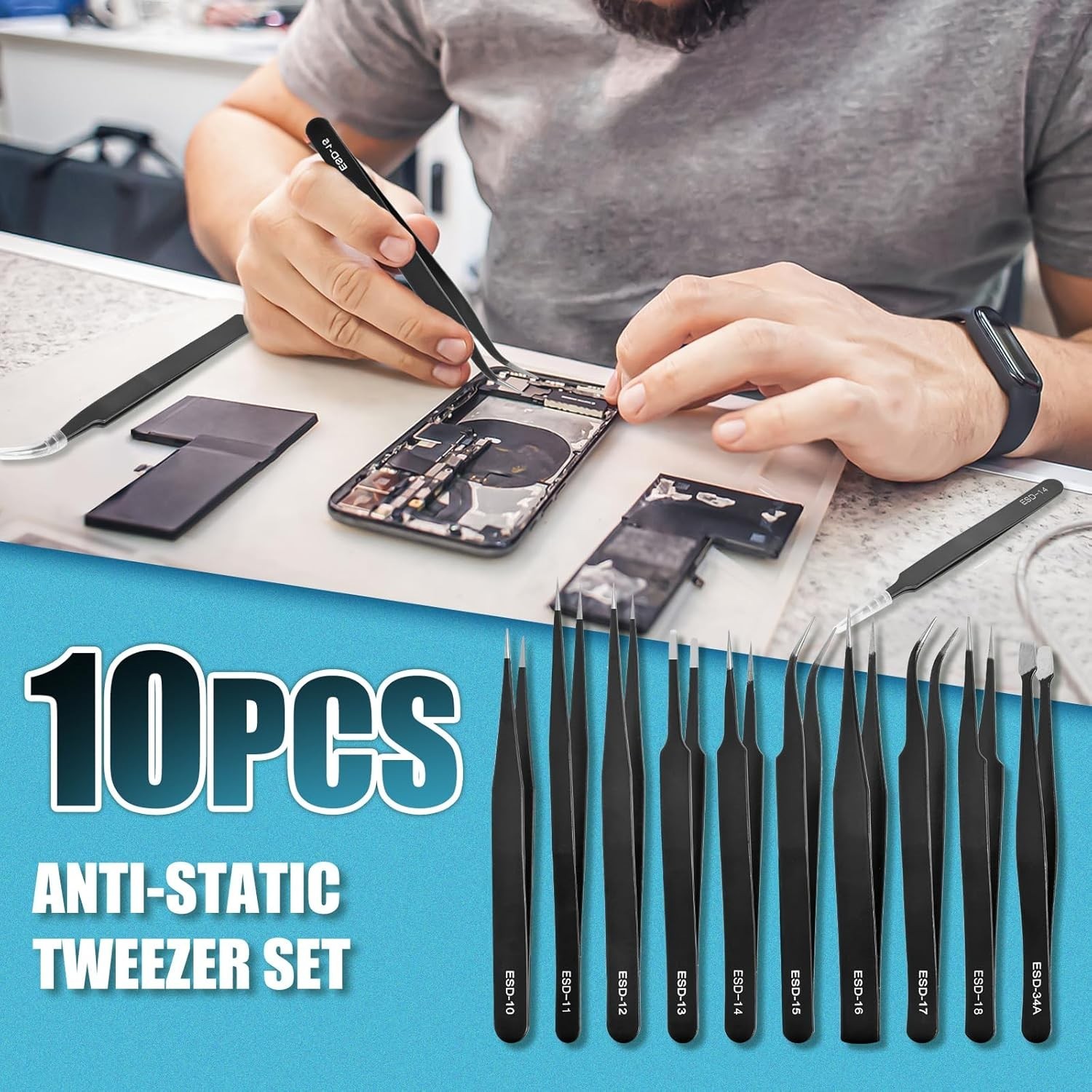 Precision Tweezers10Pcs Set, Upgraded Anti-Static Stainless Steel Tweezers with