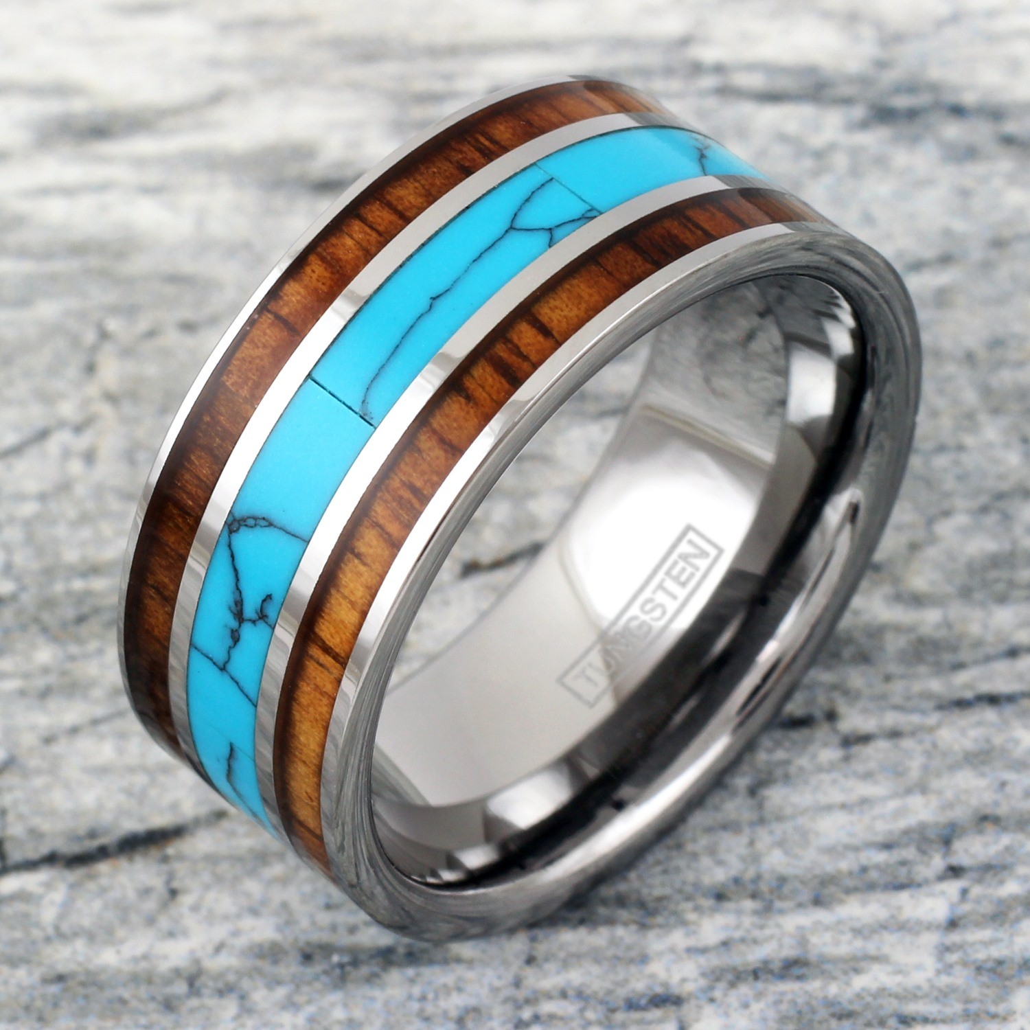 10mm Tungsten Men’s Turquoise and Double Hawaiian Koa Wood Wedding Band