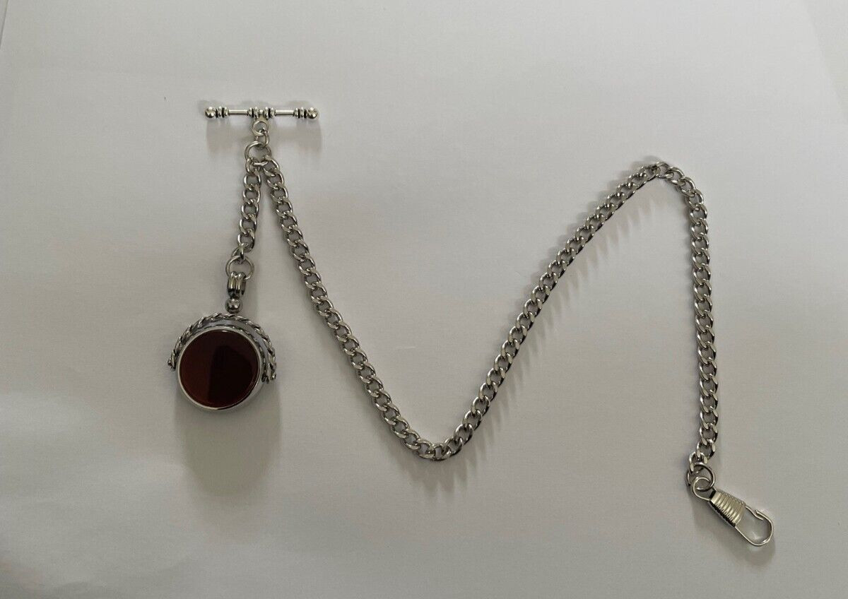 s vintage type single albert silver plated pocket watch chain spinning fob stone