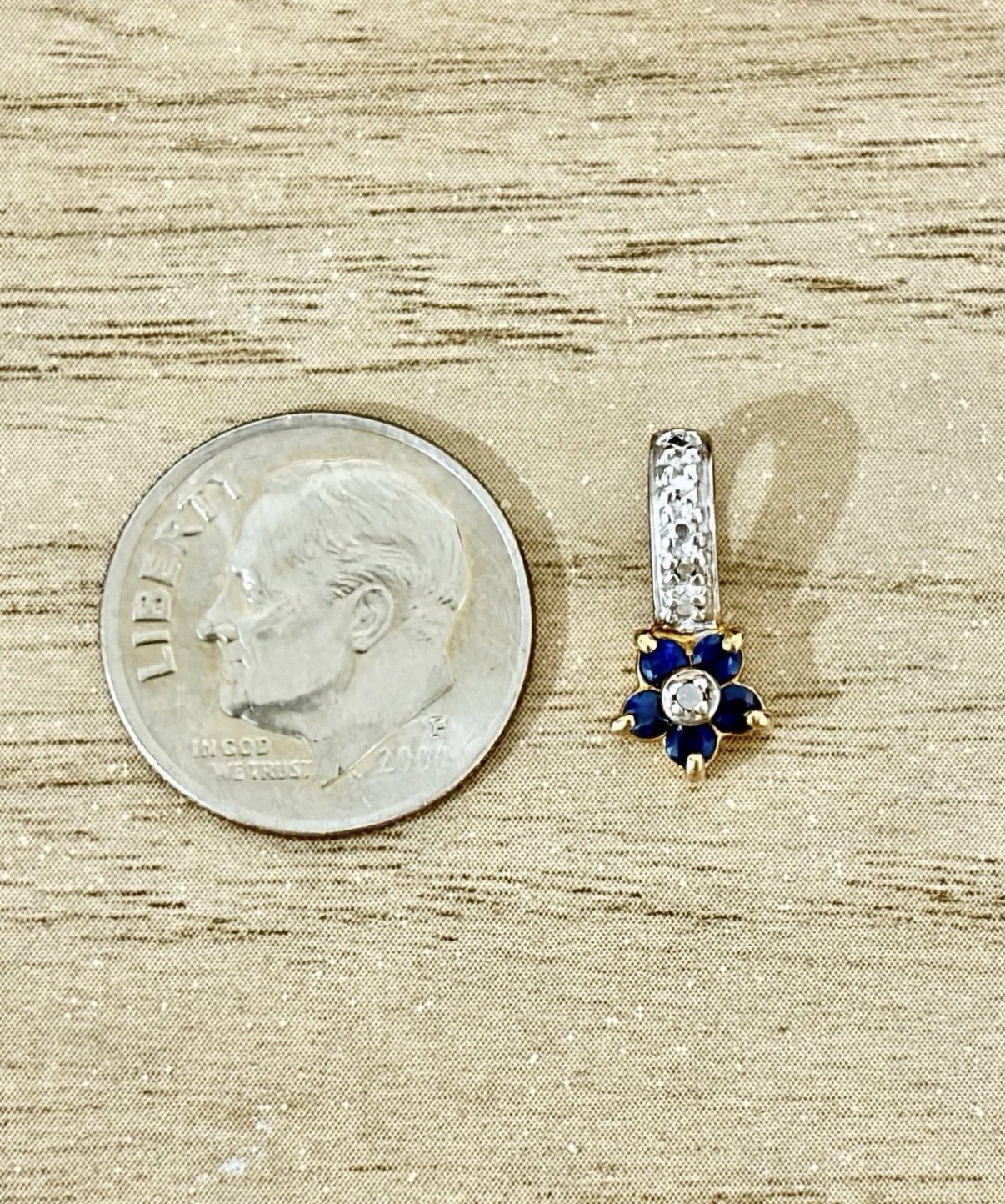 10K Vintage Multi Tone Gold Blue Sapphire & Diamond Floral Pendant