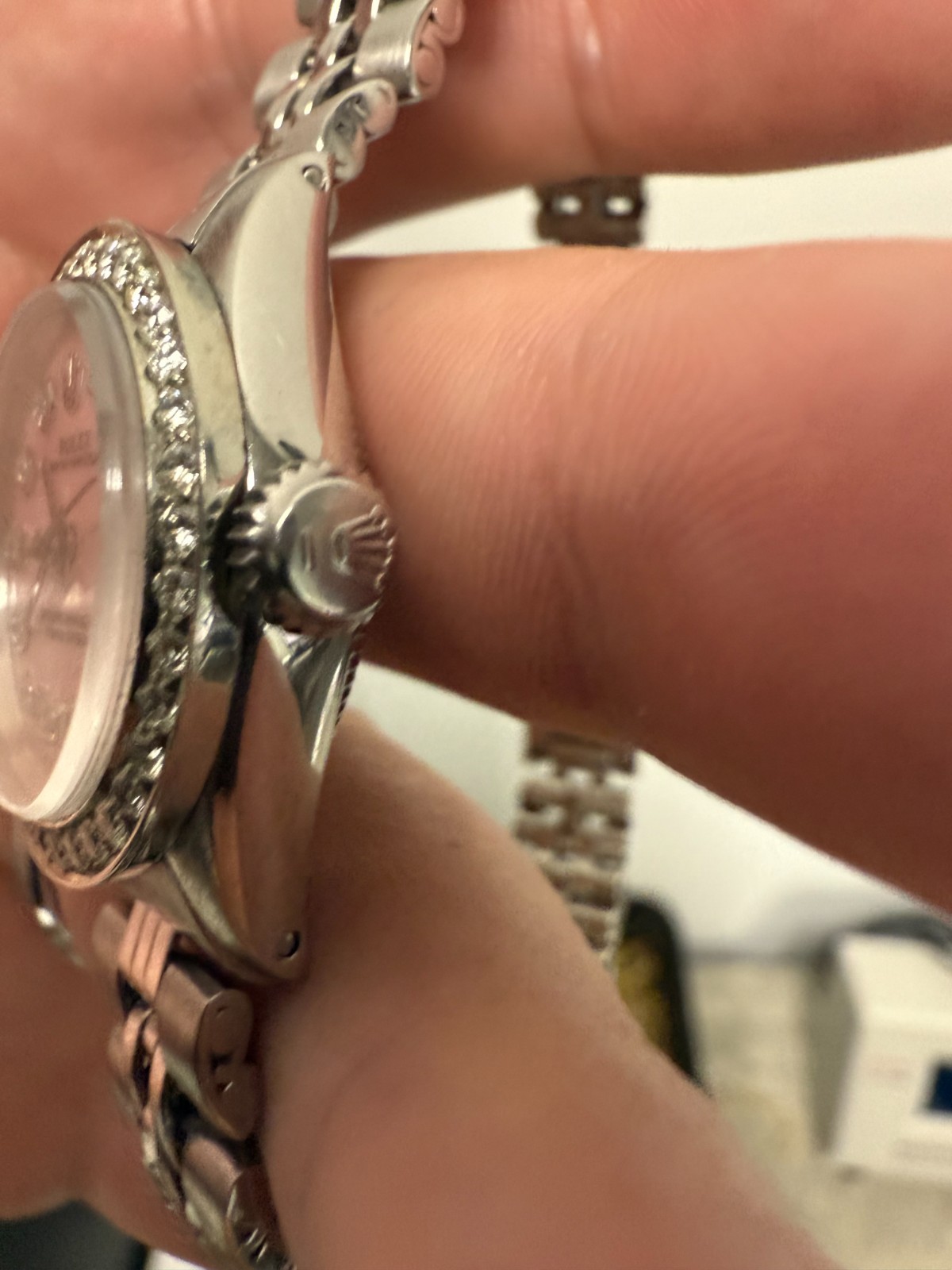 Rolex Ladies Oyster Perpetual Pink MOP Diamond Dial Diamond Bezel Jubilee Band